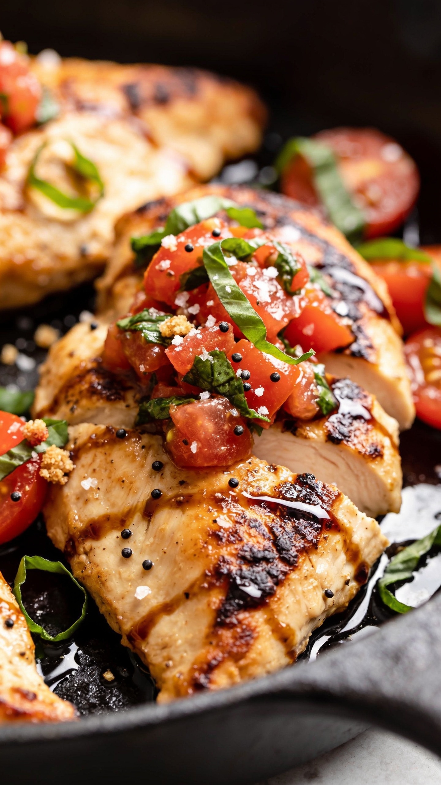 Extreme close-up angle from skillet edge: focus on one chicken breast with deeply caramelized edges, juicy interior sliced slightly to reveal moisture, crowned with chunky tomato-basil bruschetta; micro-beads of balsamic reduction dotting the surface, pan juices pooling glossily around the chicken; scattered fresh basil ribbons and a pinch of flaky salt; a few toasted breadcrumb crumbs clinging to the tomatoes; soft bokeh of other chicken pieces and tomatoes behind; bright natural light, shallow depth of field, food filling 90â95% of frame, premium food-blog styling.