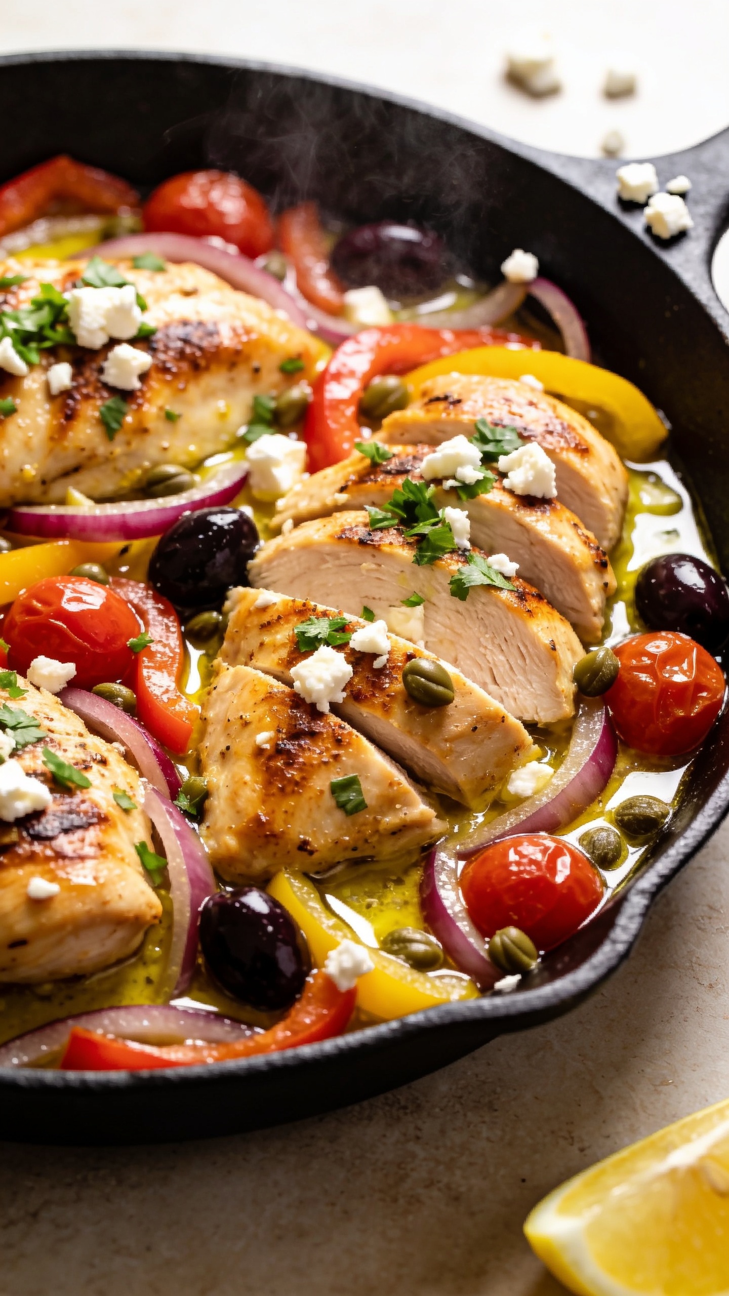 Ultra-close hero shot of a Mediterranean Chicken Skillet just off the stove: golden, seared chicken thighs sliced into juicy pieces nestled in a glossy lemon-garlic pan sauce with sautĂŠed red onions and bell peppers, burst cherry tomatoes, briny Kalamata olives and capers, finished with crumbled feta and a shower of chopped fresh parsley. Food fills 90â95% of the frame in a black cast-iron skillet, bright natural side light, shallow depth of field, glistening olive oil highlights, steam faintly rising, warm neutral background softly blurred, premium food-blog styling with a lemon wedge edge-of-frame and a few feta crumbles on the skillet lip.