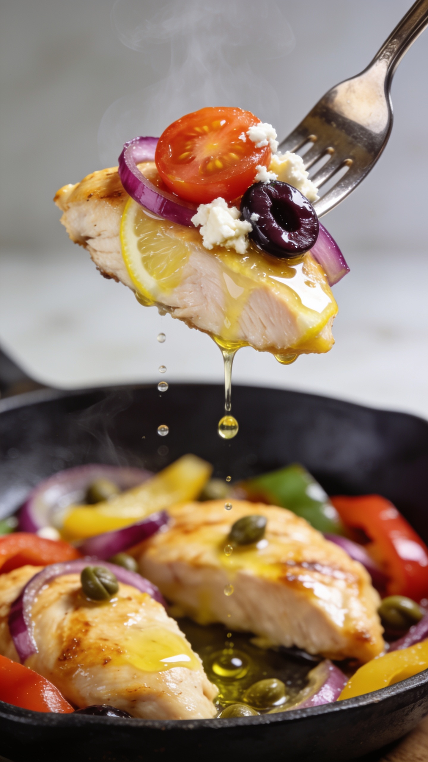 Dynamic action close-up capturing the irresistible bite: a polished fork lifting the perfect mouthful from the skilletâone slice of golden, juicy chicken glazed in lemony pan jus, a burst cherry tomato half, a sliver of caramelized red onion, a glossy Kalamata olive slice, and a crumble of feta clinging onâtiny droplets of sauce trailing back to the skillet. Bright natural lighting, shallow depth of field with the remaining chicken, peppers, and capers blurred in the background, a few micro-beads of olive oil shimmering, steam gently rising, no hands visible, food dominating 90â95% of the frame, vibrant colors and rich textures.