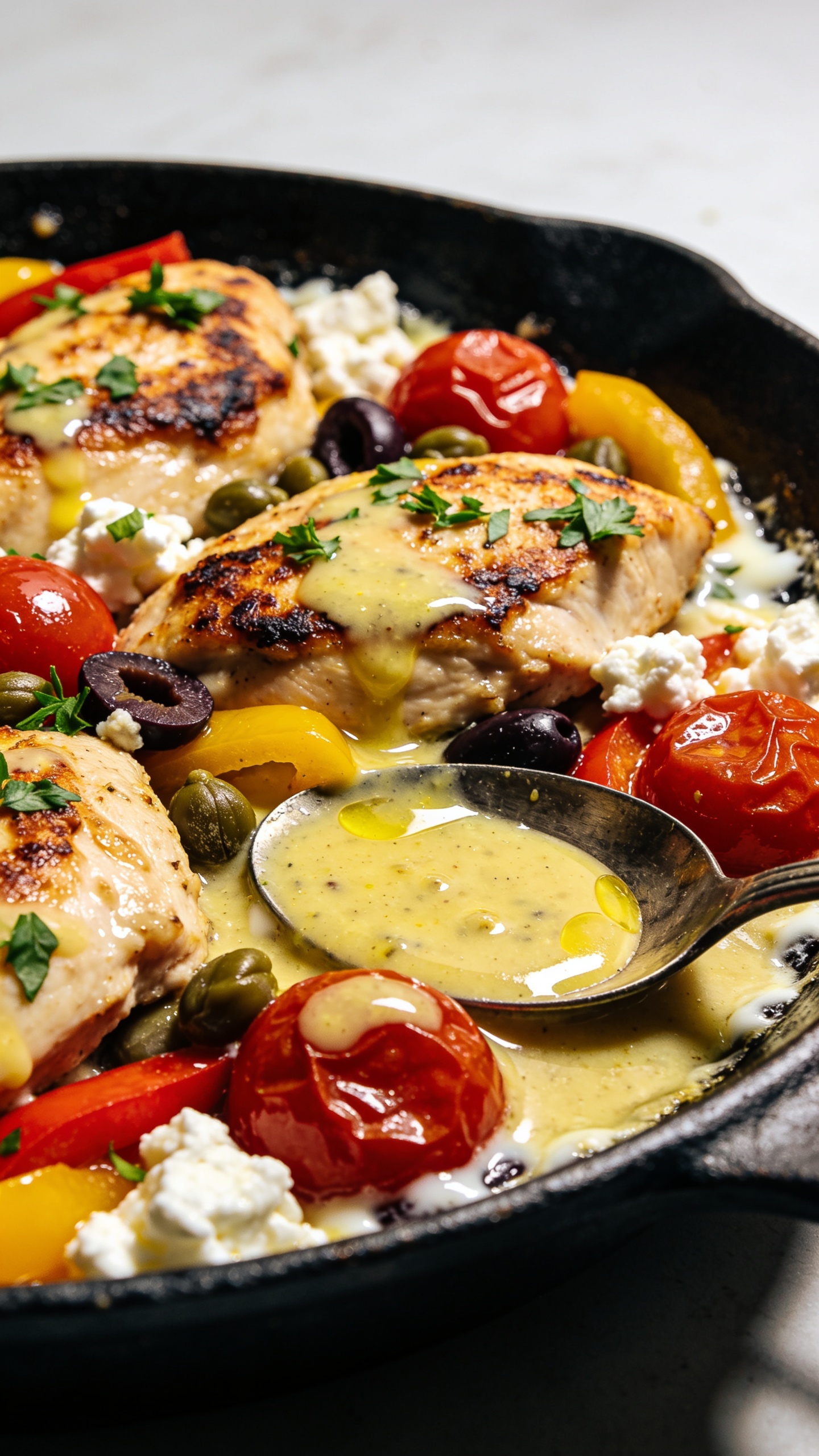 Extreme close-up from a low angle focusing on saucy textures: spooned pools of glossy lemon-garlic sauce collecting around seared chicken pieces with crisped edges, softened red and yellow bell peppers, jammy cherry tomatoes, capers and olive slices peeking through, finished with crumbled feta melting at the edges and freshly chopped parsley sprinkled over the top. Food fills 90â95% of the frame, bright natural light raking across to emphasize sheen and moisture, shallow depth of field isolating a few chicken pieces and tomatoes, cast-iron skillet rim slightly visible, clean minimalist backdrop softly blurred for a cohesive, premium shoot look.