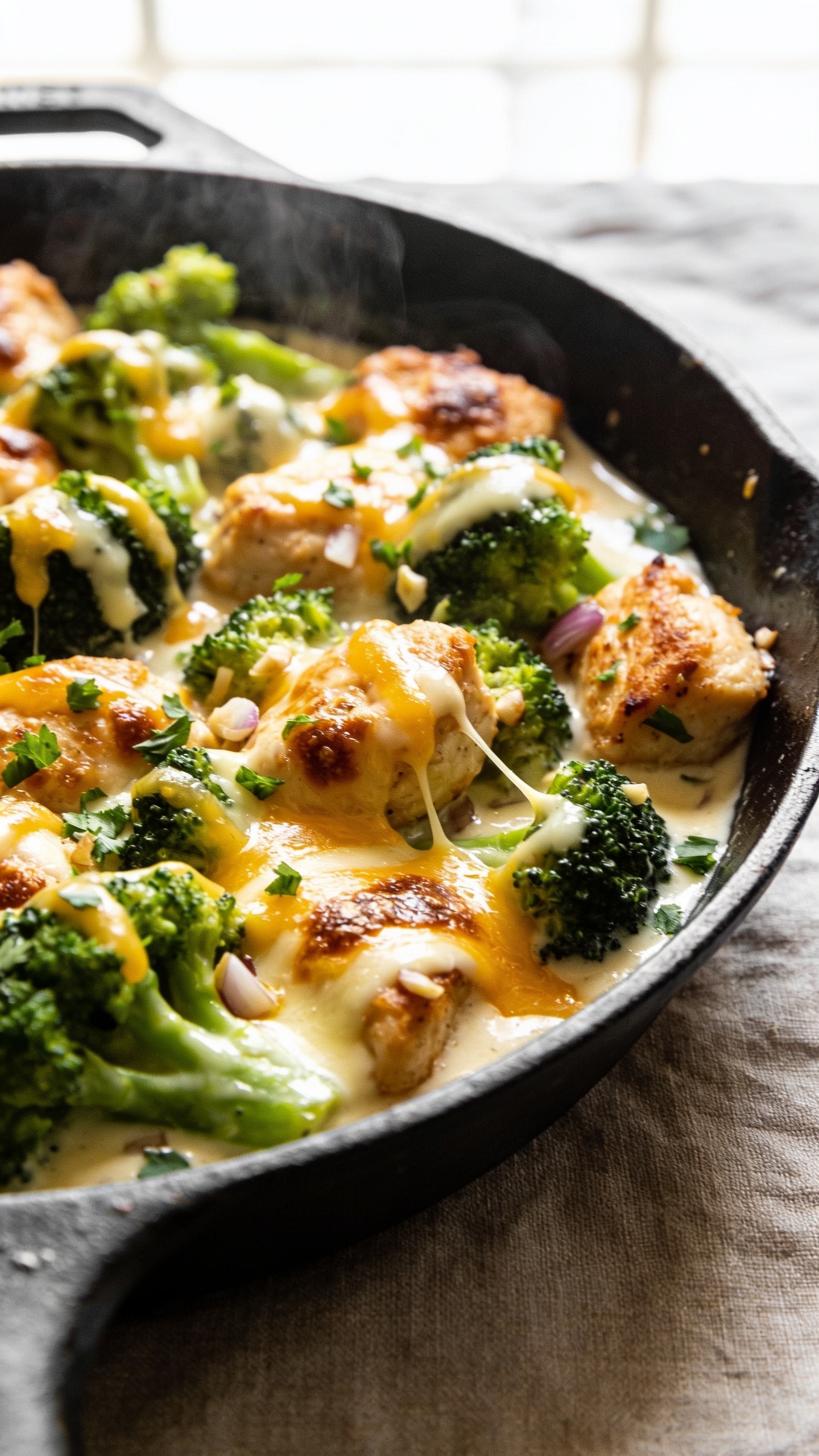 Ultra-close hero shot of a Cheesy Broccoli Chicken Skillet in a black cast-iron pan, filling 90â95% of the frame. Golden-seared chicken bites nestled among vibrant, crisp-tender broccoli florets, all coated in a silky, glossy light cream sauce and blanketed with melted cheddar and mozzarella, lightly blistered and bubbling with browned, cheesy edges. A few strands of cheese glisten, with tiny garlic and onion bits visible in the sauce. Steam rising subtly. Sprinkled with fresh chopped parsley for brightness. Shot in bright natural window light, shallow depth of field, rustic dark skillet on a neutral linen to keep the focus on the rich textures and vibrant greens and golds.
