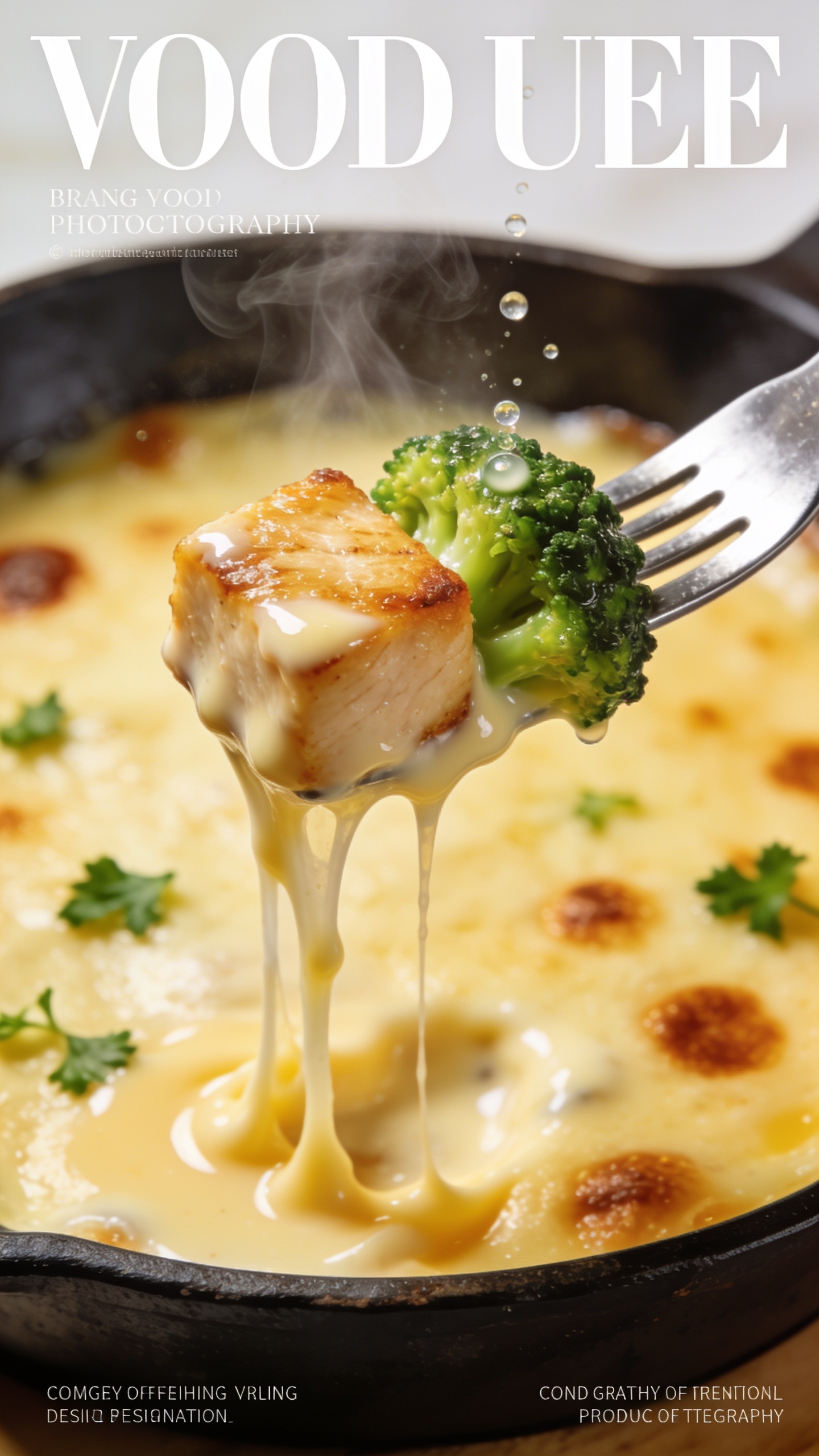 Dynamic bite moment: a fork lifting the perfect bite from the skillet one inch above the pan, filling the frameâjuicy golden-seared chicken cube plus a tender broccoli floret, dripping with glossy cream sauce, with melted cheese stretching in long, gooey strands back to the skillet. Steam curls upwards, micro-beads of sauce catching the light. Background is softly blurred cheesy surface with browned, bubbly spots and scattered parsley. Bright natural lighting, shallow depth of field, no hands visible, food occupying 90â95% of the frame, magazine-cover anticipation.