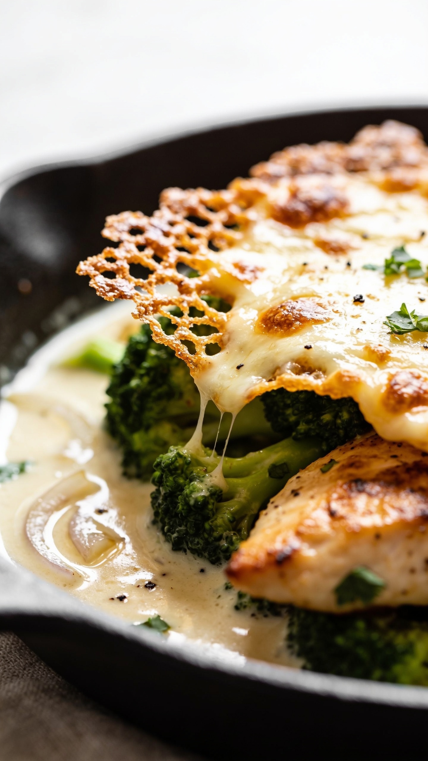 Extreme close-up angle from skillet rim level, focusing on a corner where the cheese has bubbled and browned into crisp, lacy edges over seared chicken and emerald broccoli. The silky sauce pools lightly at the base, glistening with a gentle garlic-onion sheen. Tiny flecks of black pepper and fresh parsley are visible. Cheese pull remnants cling between florets, showing stretchy texture. Bright natural side light creates highlights on the glossy sauce and golden cheese, shallow depth of field to blur the far side of the skillet, food filling 90â95% of the frame for an indulgent, premium food-blog look.