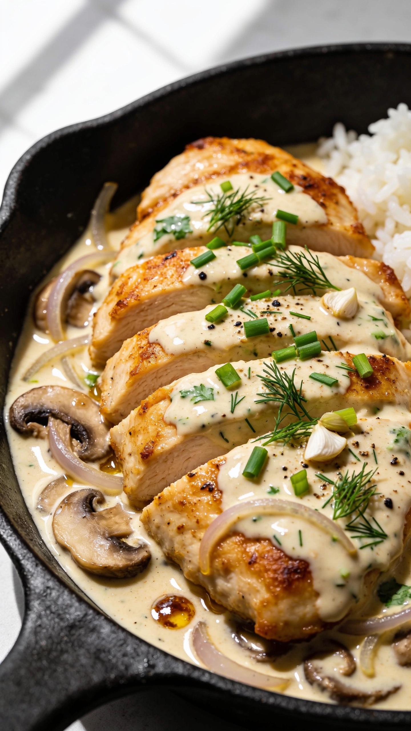 Ultra close-up hero shot of Ranch Chicken Skillet: golden-brown seared chicken cutlets sliced into thick pieces in a black cast-iron skillet, smothered in a silky, glossy ranch cream sauce with visible flecks of dill, parsley, garlic, and cracked black pepper; sauce pooling around the chicken and lightly coating tender sautĂŠed mushrooms and thin onion slivers; garnished with a shower of fresh chopped chives and dill; a few glossy skillet fond bits peeking through the sauce; served alongside fluffy white rice partially visible at the edge for context; bright natural window light from the left, soft shadows, shallow depth of field focusing on the glistening chicken and sauce; 90â95% frame filled with food, premium food-blog styling, vibrant yet cozy tones.