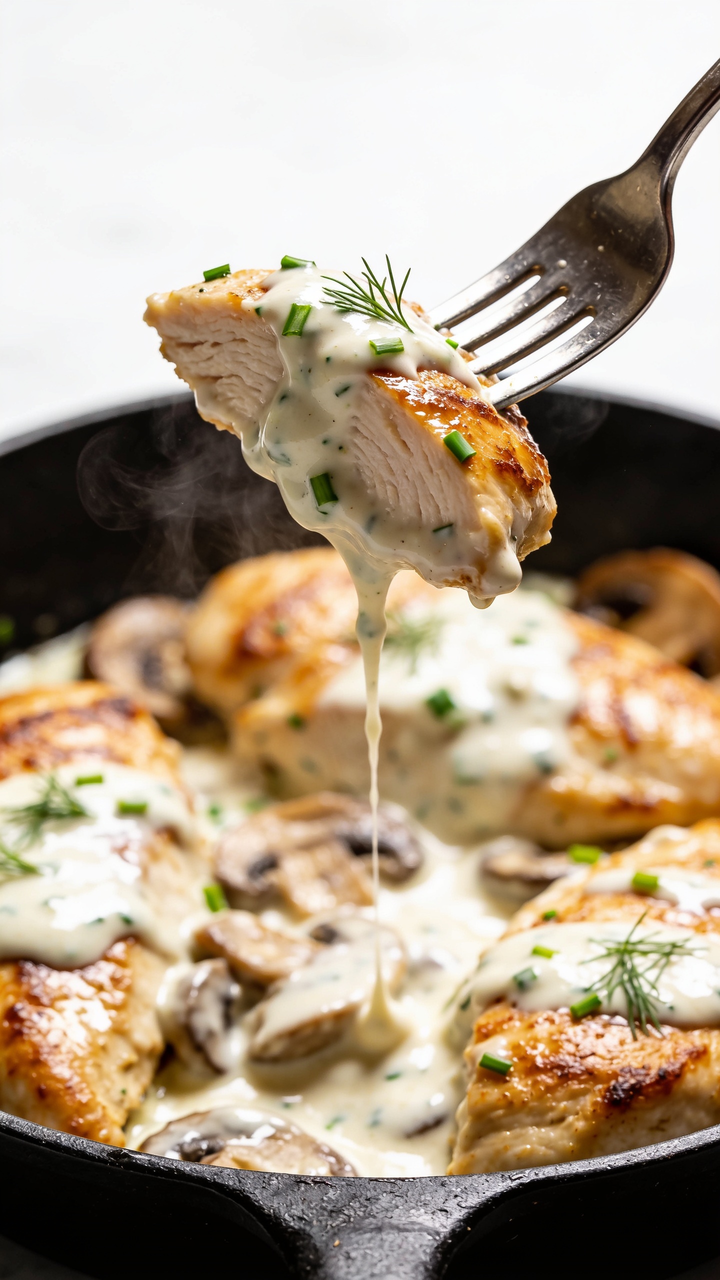 Dynamic action close-up: a polished fork lifting the perfect bite of Ranch Chicken Skilletâone juicy slice of golden-seared chicken dripping with velvety ranch cream sauce, tiny green flecks of dill and chives clinging to the glossy surface, a strand of sauce trailing back to the skillet; steam faintly rising; background shows the skillet packed with more saucy chicken and mushrooms, softly blurred; bright natural lighting, shallow depth of field, high contrast on the saucy sheen; no hands visible, only the fork and the irresistible bite; 90â95% frame filled with food, captured at the exact anticipatory moment before the bite.