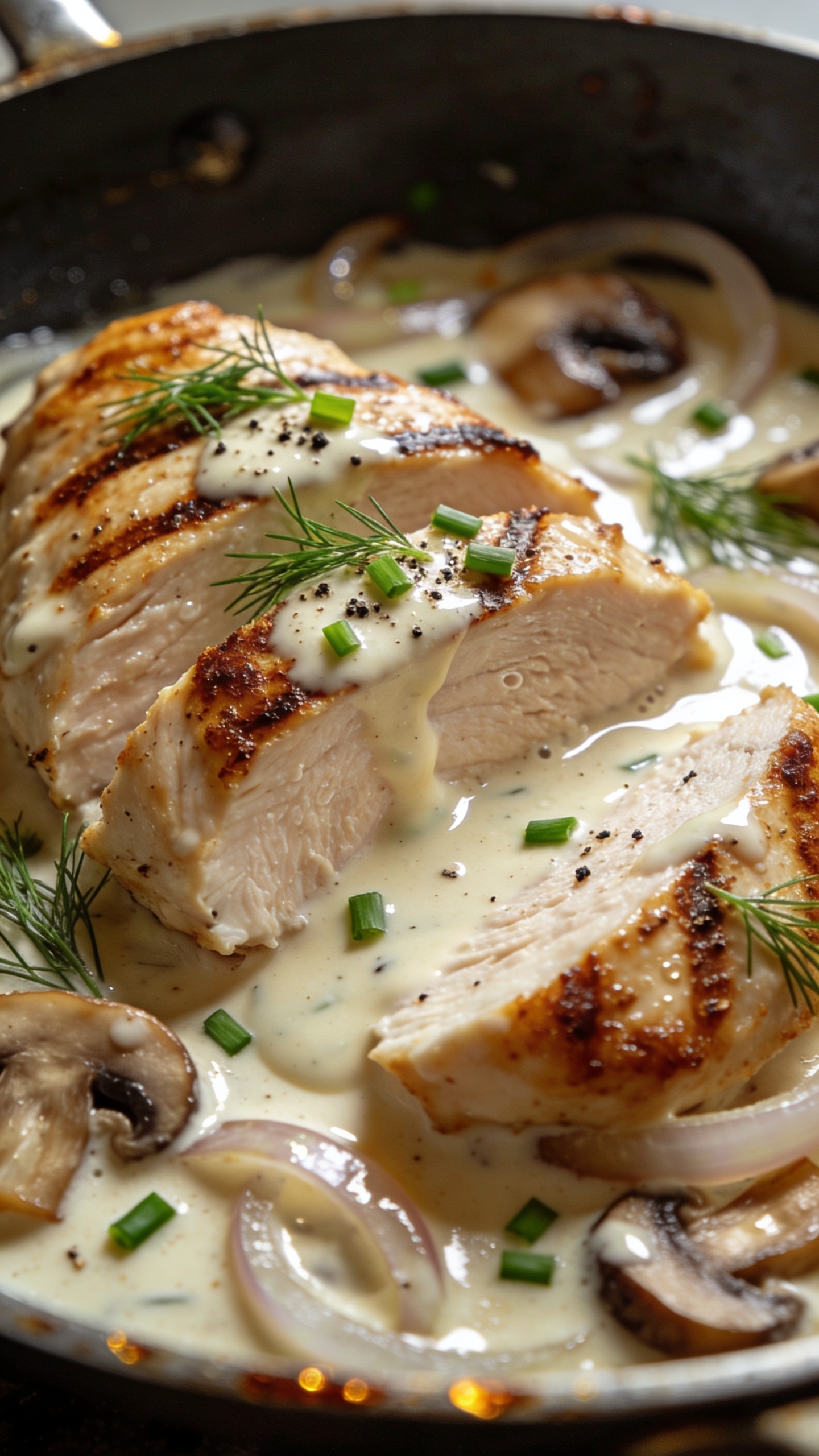 Macro close-up from a low angle: sliced ranch chicken nestled in the skillet with pools of creamy ranch sauce collecting in the sear marks; crispy browned edges on the chicken, micro-bubbles and streaks in the sauce showing its silky thickness; scattered sautĂŠed mushrooms and tender onion ribbons peeking through; fresh dill fronds and minced chives sprinkled over top, a light dusting of cracked black pepper; a glint of skillet fond for savory depth; bright natural side light creating highlights on the glossy sauce, shallow depth of field isolating the front slice; 90â95% frame filled with food, cohesive styling to match the hero and action shots.