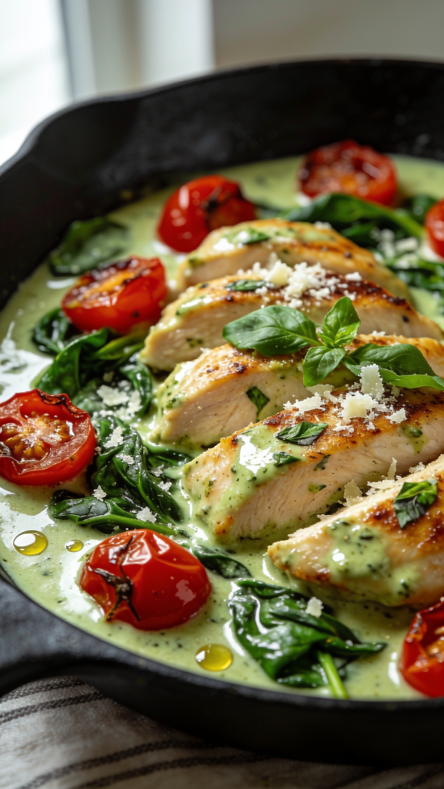 Ultra close-up hero shot of Creamy Pesto Chicken Skillet: golden-seared chicken breast slices nestled in a glossy pale-green pesto cream sauce, halved blistered cherry tomatoes, and just-wilted baby spinach leaves folded through; sauce clings to chicken with visible flecks of basil and Parmesan, tiny droplets of olive oil sheen; garnished with freshly grated Parmesan and torn basil; plated in a matte black skillet to emphasize color contrast; bright natural window light from the left, shallow depth of field, background softly blurred; food fills 90â95% of frame, rich textures and vibrant reds/greens pop against the creamy sauce.