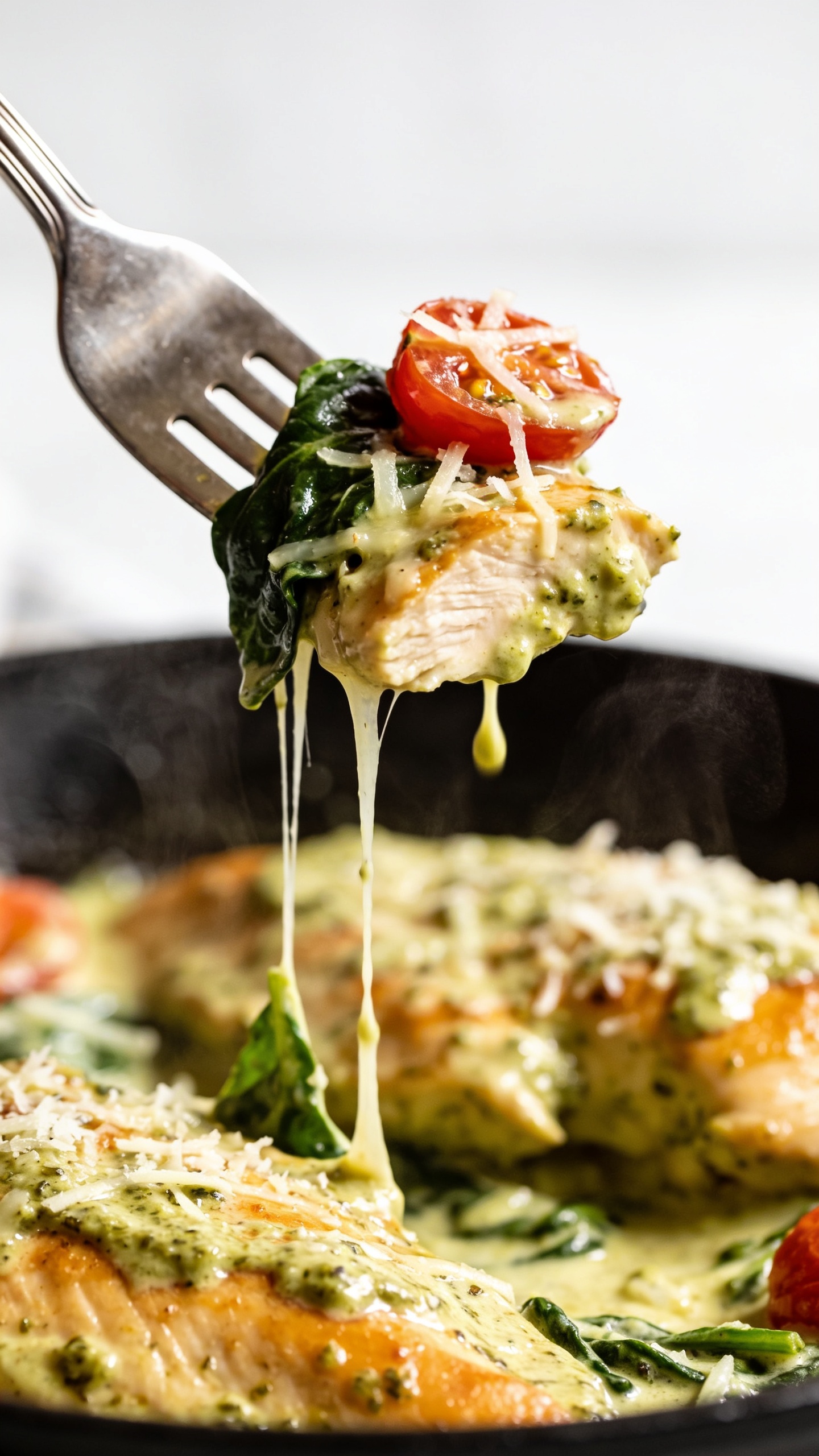Dynamic action close-up: a polished fork lifting the perfect bite of the finished Creamy Pesto Chicken Skilletâone juicy slice of golden chicken coated in glossy pesto cream, a ribbon of melted Parmesan stretching, a wilted spinach leaf and a burst cherry tomato half clinging to the bite; a few droplets of sauce slowly trailing back to the skillet; faint steam rising; bright natural light and shallow depth of field keep the lifted bite razor sharp while the rest of the skillet softly blurs; no hands visible, food dominates 90â95% of frame, rich, mouthwatering textures.