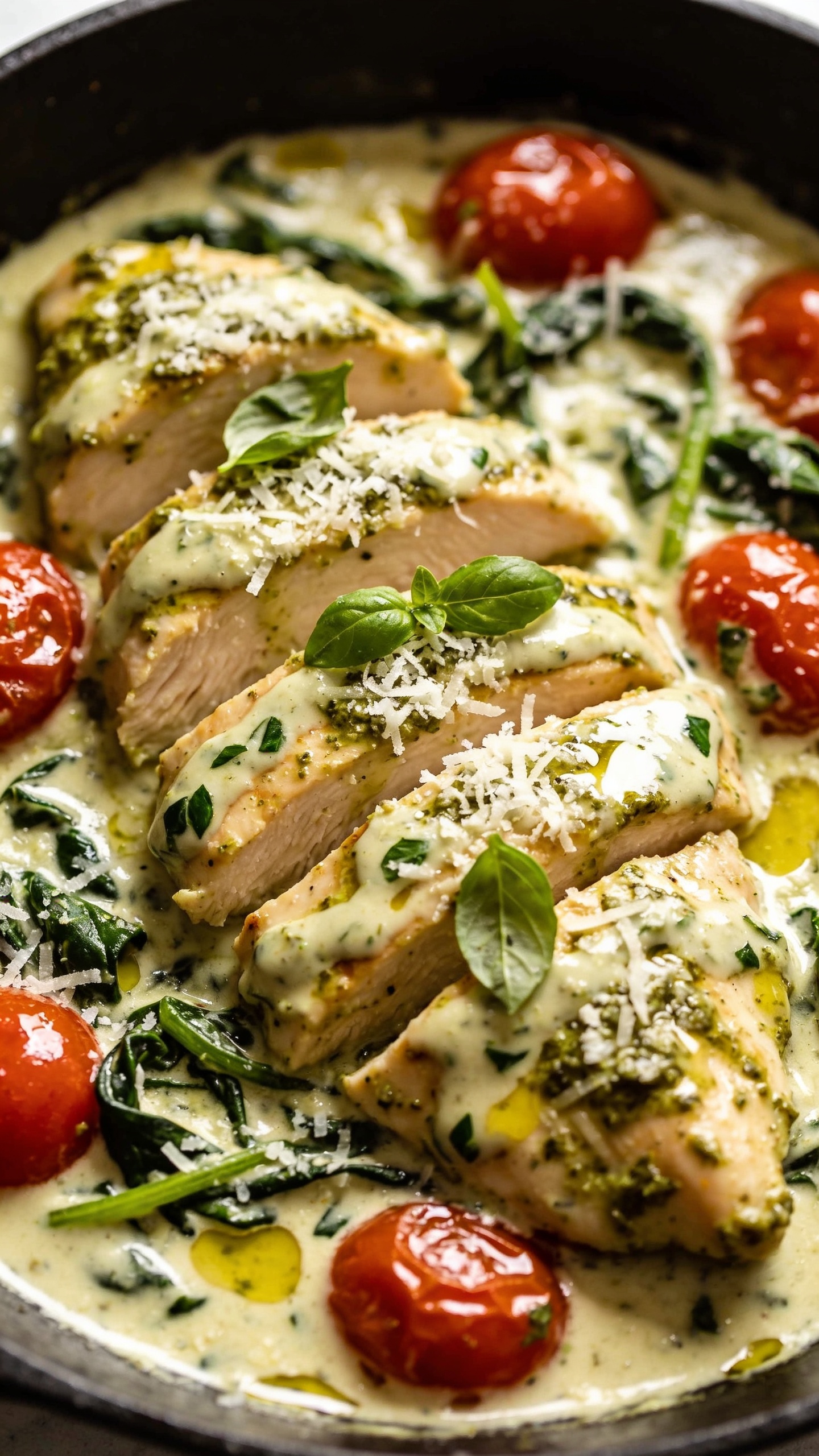 Macro angle from slightly overhead and off-center: the same Creamy Pesto Chicken Skillet in the pan, chicken slices fanned and lacquered with silky pesto cream; pools and swirls of sauce with basil flecks, glossy cherry tomato halves glistening, wilted spinach ribbons peeking through; a final snowfall of micro-grated Parmesan and a few torn basil leaves scattered on top; bright natural lighting with gentle highlights on the sauce, shallow depth of field focusing on the sauciest chicken piece; 90â95% of frame filled with food, premium food-blog styling.