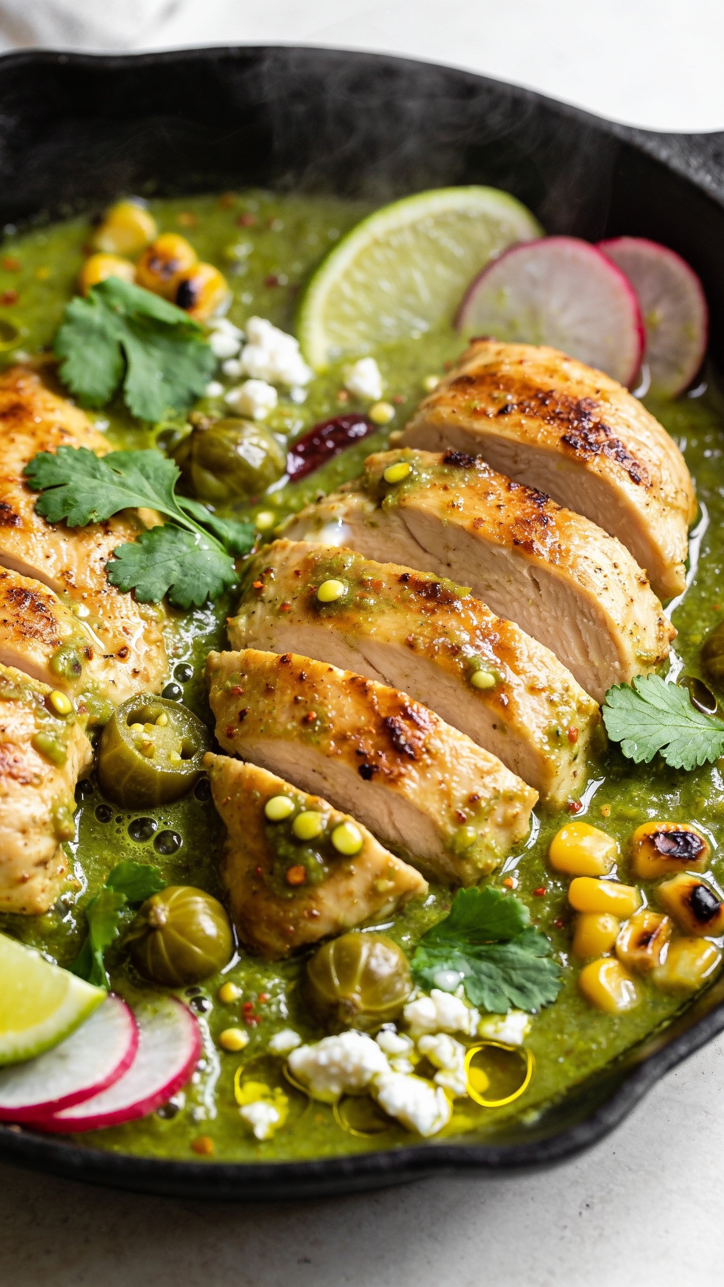 Ultra-close hero shot of a Salsa Verde Chicken Skillet: juicy golden-seared chicken thighs sliced into thick pieces and nestled in a glossy, vibrant green salsa verde with visible tomatillo seeds, flecks of roasted chile, and tiny bubbles of olive oil; scattered fresh cilantro leaves, thinly sliced radishes, and lime wedges tucked at the edges; a few toasted charred corn kernels and crumbles of queso fresco melting slightly into the sauce; served in a black cast-iron skillet on a light neutral surface, bright natural side lighting, shallow depth of field, food filling 90â95% of frame, rich textures, steam faintly rising, premium food-blog styling.