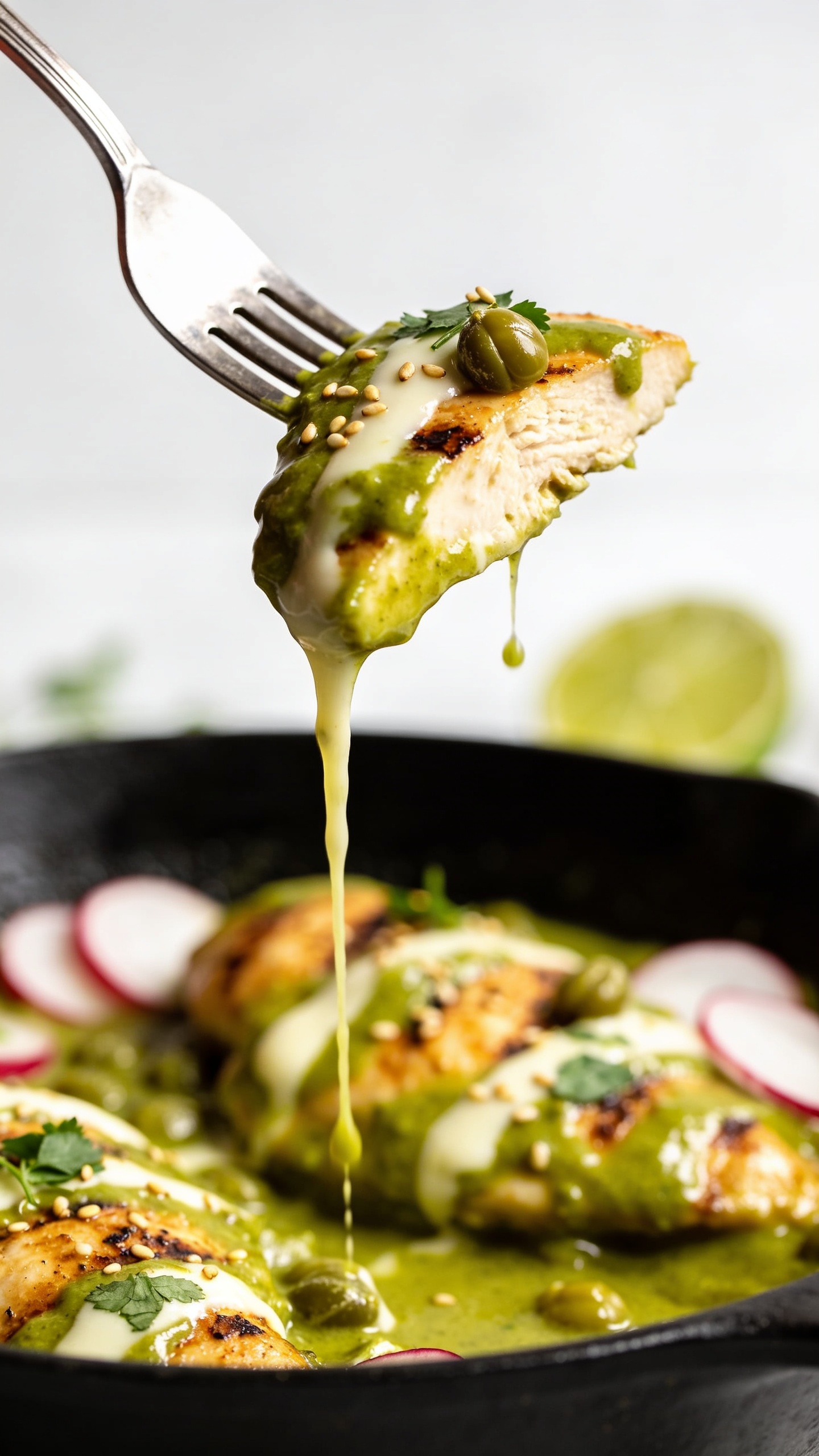 Action close-up: a fork lifting the perfect bite of the Salsa Verde Chicken Skillet one inch above the skilletâtender slice of golden-seared chicken coated in glossy salsa verde, a strand of melted queso fresco stretching back to the pan, droplets of vivid green sauce clinging and slowly dripping; tiny cilantro leaves and a few sesame-sized tomatillo seeds on the bite; background softly blurred with more chicken in salsa, radish slices, and lime wedge hints; bright natural lighting, shallow depth of field, food filling 90â95% of frame, no hands visible, dynamic movement and irresistible anticipation.