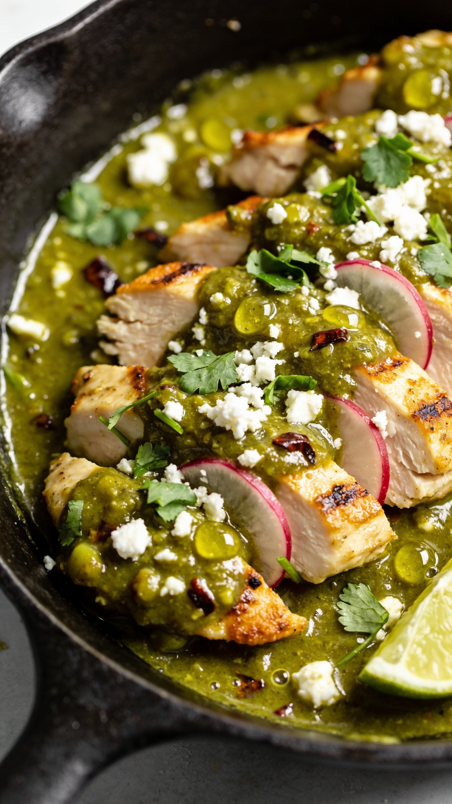 Macro angle from the side of the skillet: focus on overlapping slices of juicy chicken bathed in thick, shimmering salsa verde with visible roasted chile flecks and tomatillo texture; crispy golden edges of chicken peeking through the sauce, micro-beads of oil catching the light; garnished with chopped cilantro, crumbled queso fresco, and a squeeze of lime evidenced by glistening droplets; a few thin radish slices tucked in for pop; bright natural lighting, shallow depth of field, food filling 90â95% of frame, cohesive with the same skillet and styling as the hero.