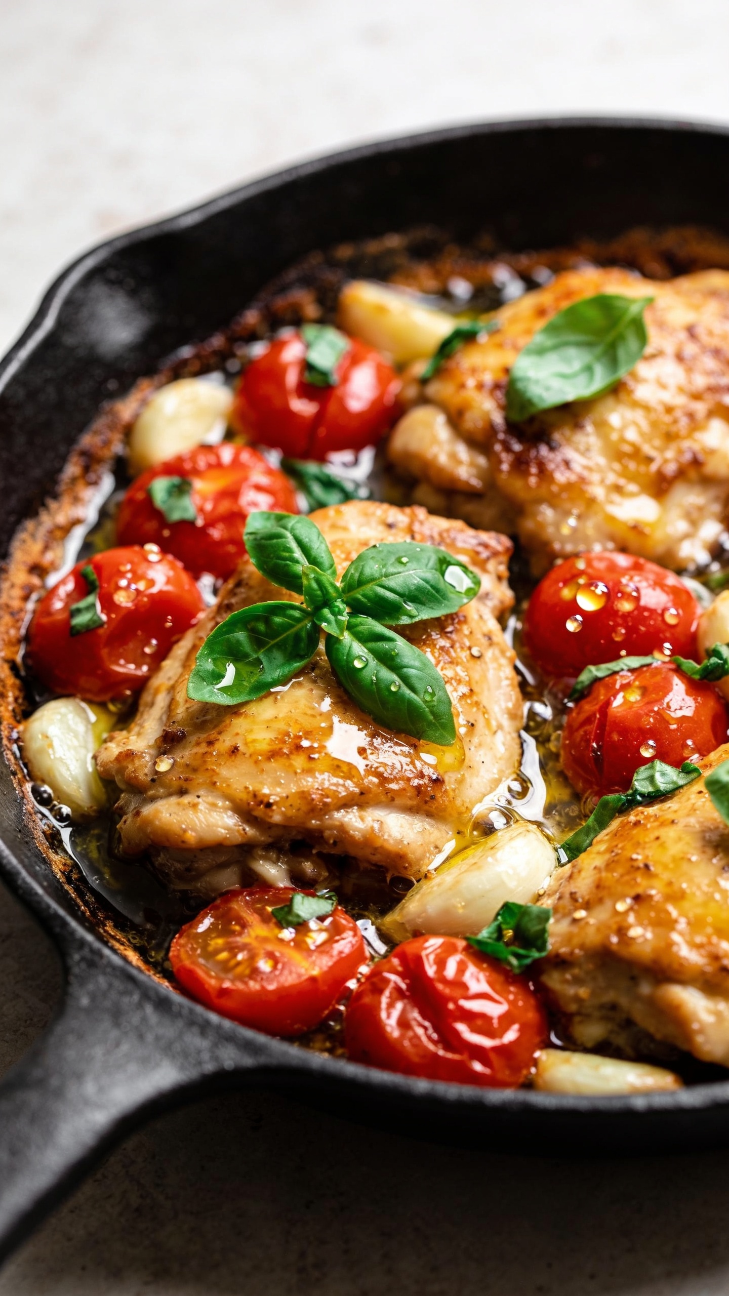 Hero image: Ultra close-up, premium food-blog shot of an Italian Chicken Skillet just off the stove in a black cast-iron pan. Golden-brown, juicy chicken thighs nestled among blistered cherry tomatoes and softened garlic cloves, all coated in a silky, glossy pan sauce with a light sheen of extra-virgin olive oil. Torn fresh basil scattered on top, a few bright basil leaves resting on the chicken, and micro-beads of sauce clinging to the tomatoes. A faint splash of dry white wine reduction glistening around the chicken, with browned fond visible on the pan edges. Bright natural side light, shallow depth of field, food filling 90â95% of frame, no text, no hands, rustic neutral backdrop subtly blurred.