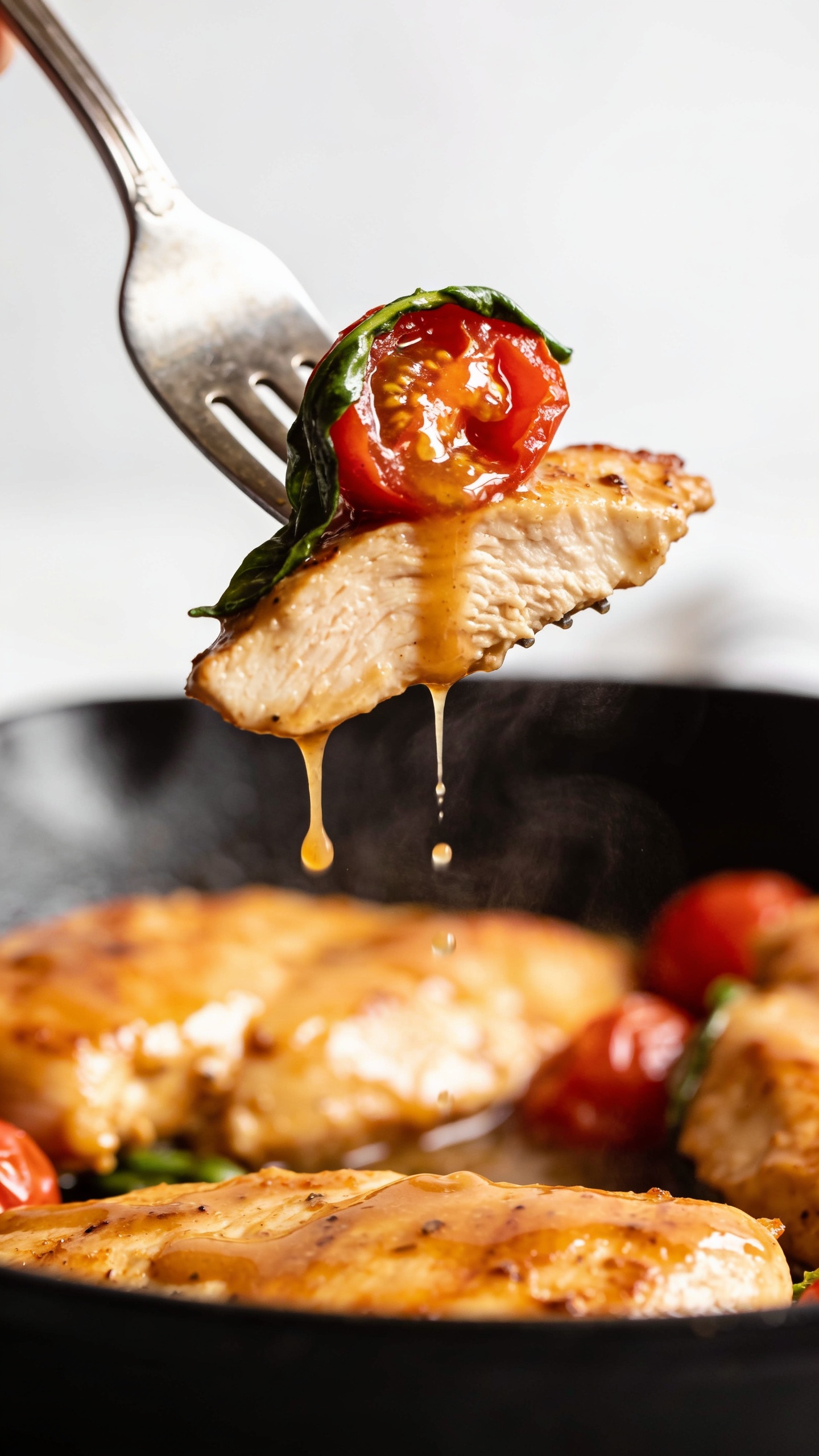 Action bite: Extreme close-up, dynamic moment of a fork lifting the perfect bite from the same Italian Chicken Skilletâone tender slice of golden, juicy chicken glossed with the silky pan sauce, a burst blistered cherry tomato split and oozing juices, and a ribbon of fresh basil draped over the bite. Glossy sauce trails from the fork back to the skillet below, with tiny droplets suspended mid-air and visible steam rising. Background shows the remaining chicken and tomatoes softly blurred in the pan. Bright natural lighting, shallow depth of field, food filling 90â95% of frame, no hands or faces, only the fork visible.