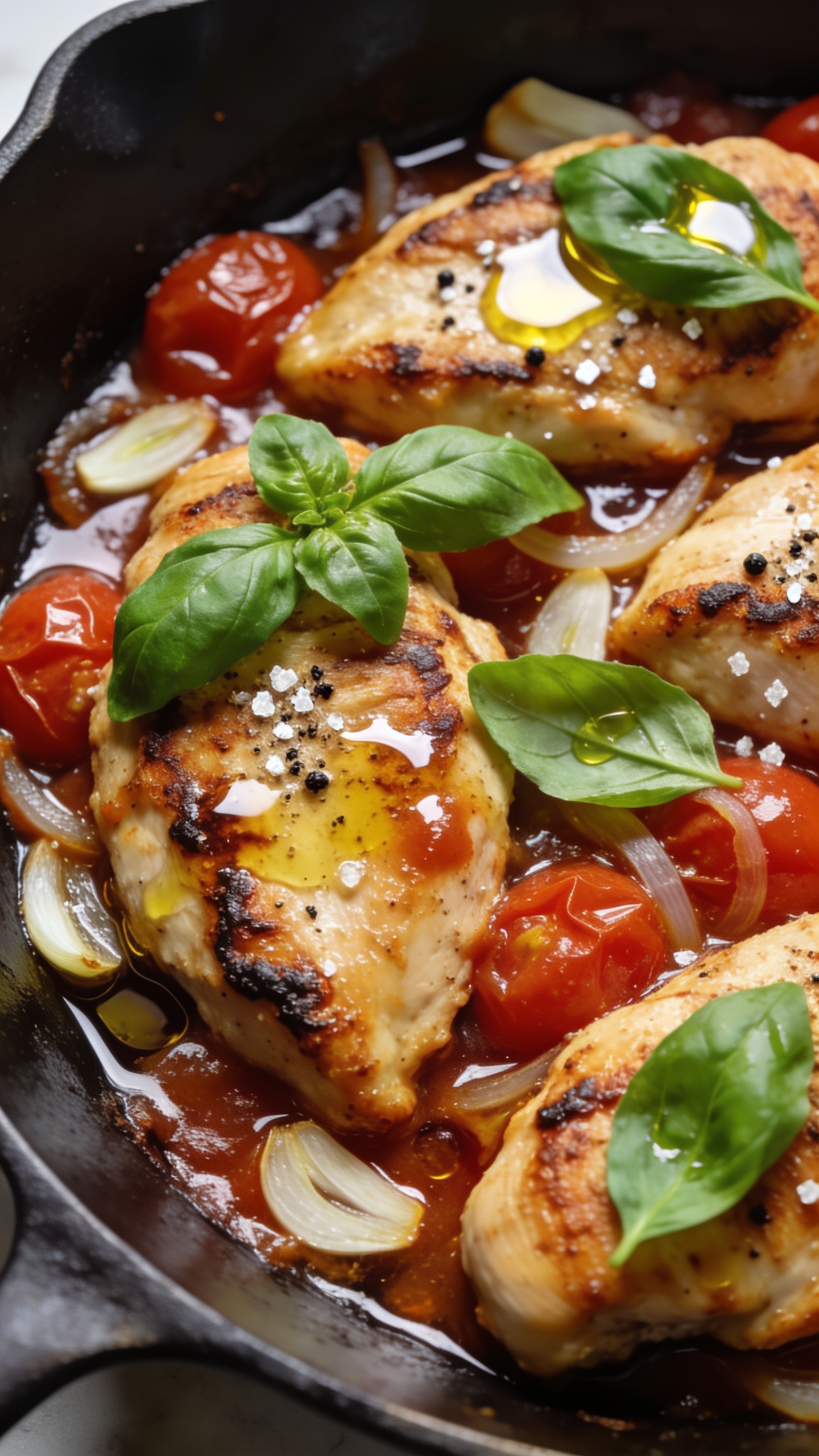 Close-up angle variation: Tight, overhead-angled macro of the finished Italian Chicken Skillet plated in the panâsucculent, seared chicken with crisped edges, pools of rich tomato-garlic-wine sauce shimmering, burst tomatoes releasing juices, thin slices of sautĂŠed garlic visible, and fresh basil torn over the top. A light drizzle of olive oil catches the light, with coarse black pepper and flaky sea salt specks on the chicken. Bright natural lighting, shallow depth of field focusing on the glistening sauce and chicken texture, food filling 90â95% of frame, cohesive with the hero image styling.