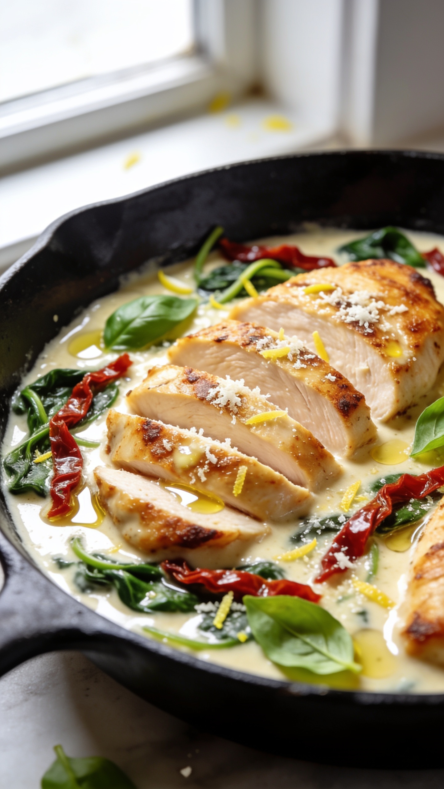 Ultra-close hero shot of Sun-Dried Tomato Chicken Skillet: golden pan-seared chicken breasts sliced and fanned in a black cast-iron skillet, bathed in a glossy creamy garlic sauce studded with silky strips of sun-dried tomatoes; wilted spinach ribbons and fine lemon zest scattered throughout; finishing drizzle of olive oil glistening; a light dusting of freshly grated Parmesan melting into the sauce; a few torn basil leaves for freshness. Food fills 90â95% of the frame, bright natural window light from the left, shallow depth of field with the chicken and sauce in razor focus, background softly blurred. Rich textures emphasized: seared edges on chicken, creamy ripples in sauce, vibrant reds and deep greens, premium food-blog styling.