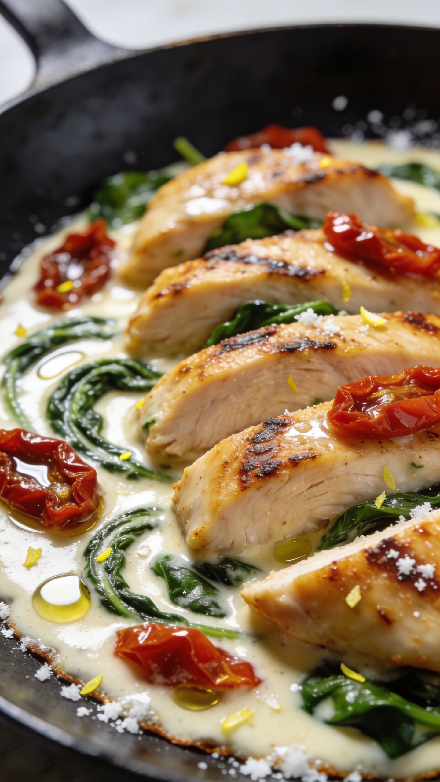 Macro close-up from a low angle across the skillet surface: overlapping slices of seared chicken nestled in the creamy sauce, sun-dried tomato pieces gleaming, spinach swirls threading through; tiny pools of olive oil catching light; faint lemon zest speckles and a light snowfall of Parmesan melting at the edges. Emphasize juicy textures and crispy sear marks, sauce sheen, and vibrant color contrast (golden chicken, ruby tomatoes, deep green spinach). Bright natural side light, shallow depth of field isolating the front edge of the chicken and sauce, 90â95% food in frame, cohesive styling to match the other images.