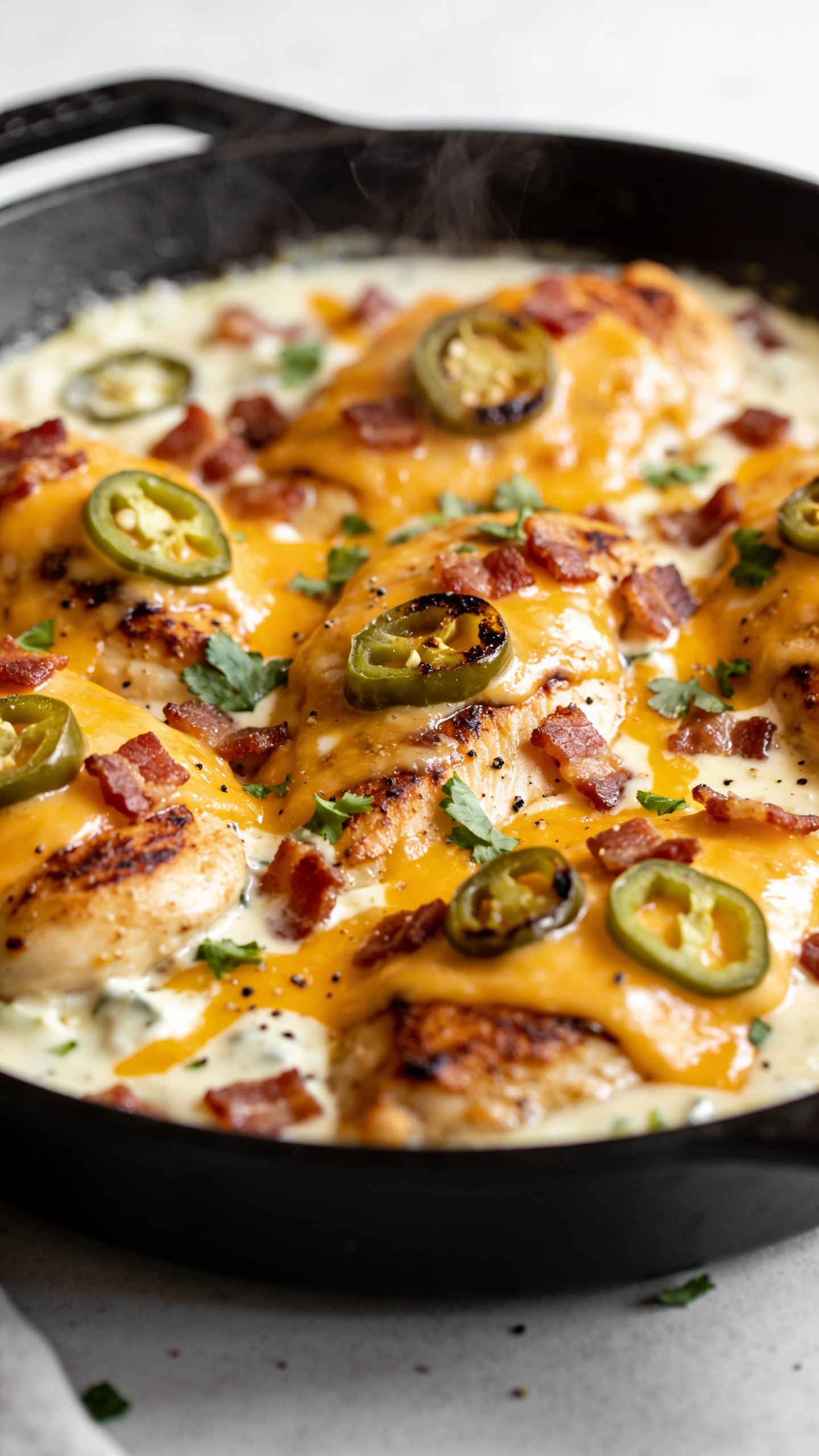 Ultra close-up hero shot of a one-pan Jalapeño Popper Chicken Skillet: golden-brown seared chicken pieces nestled in a creamy cream-cheese sauce, blanketed with bubbly, broiled sharp cheddar and Monterey jack, scattered with crisp crumbled bacon, thin jalapeño rounds (some slightly blistered), and a sprinkle of fresh chopped cilantro. The cast-iron skillet fills 90–95% of the frame on a neutral light surface, bright natural side lighting, shallow depth of field focusing on the glossy melted cheese and crispy edges, subtle steam rising, tiny specks of black pepper visible, rich textures and saturated colors that feel indulgent and fresh.