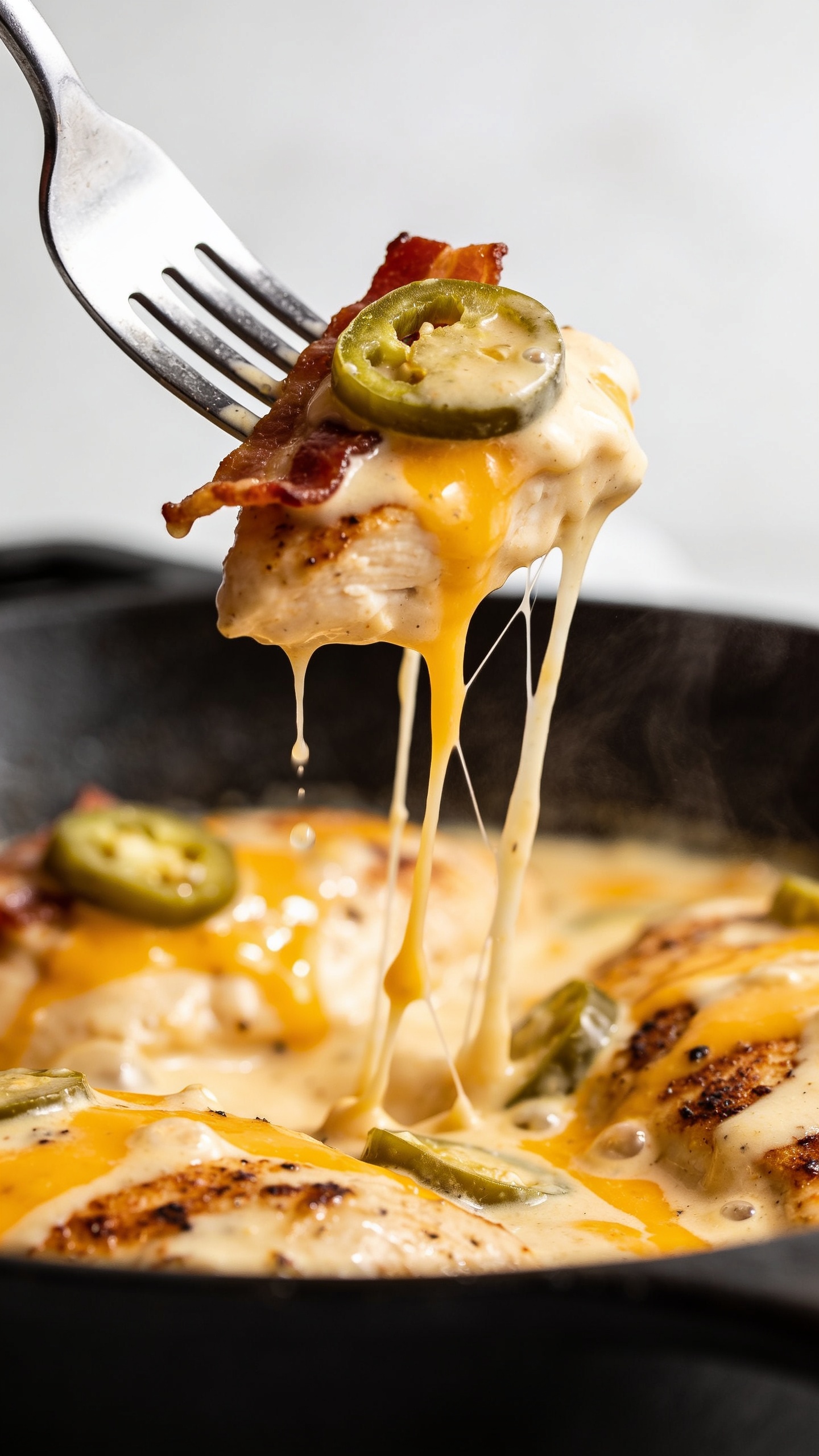 Dynamic action close-up capturing the perfect bite: a fork lifting a juicy chunk of seared chicken smothered in the creamy jalapeño-cheddar sauce from the skillet, with molten cheese stretching in silky strands back to the pan, a fleck of bacon clinging, a thin ring of jalapeño on the bite, and micro-beads of glossy sauce catching the light. No hands visible—only the fork tip and the bite in sharp focus, background is the same bubbling skillet softly blurred. Bright natural lighting, shallow depth of field, food filling 90–95% of the frame, steam faintly visible, creating irresistible anticipation one second before the bite.