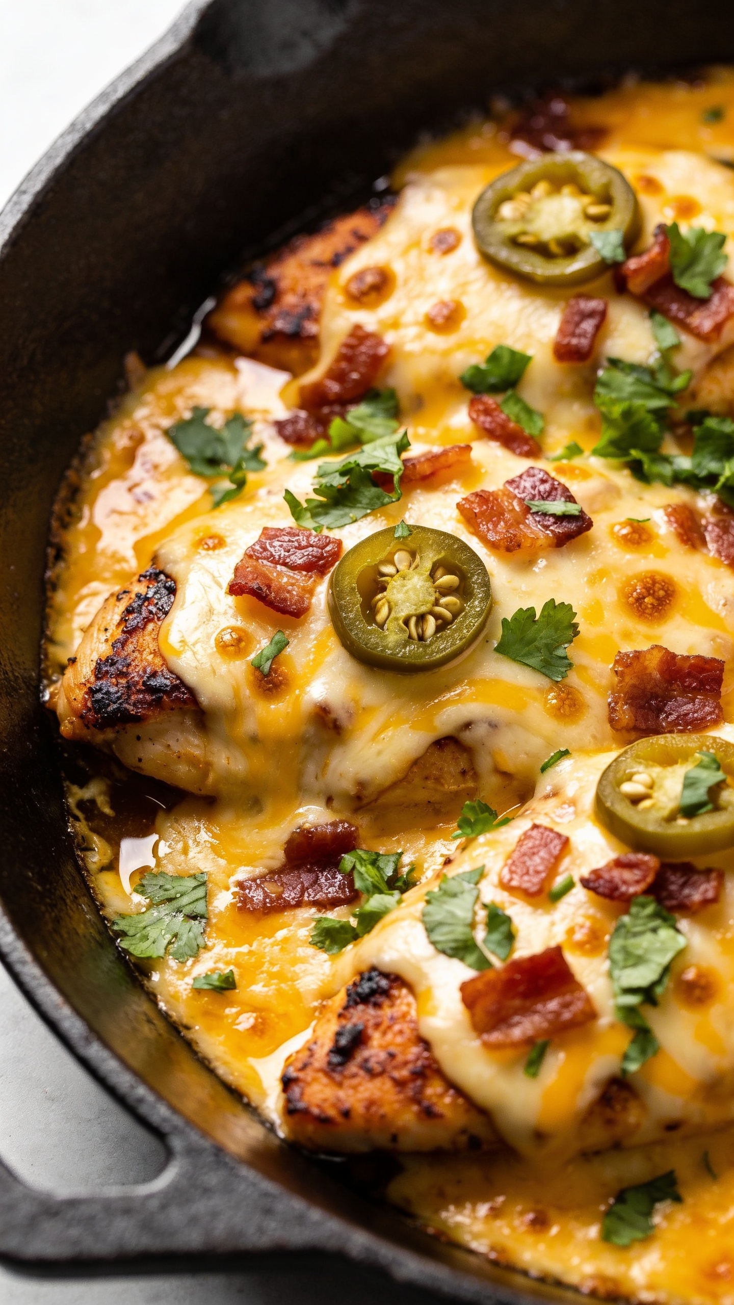 Extreme close-up of the finished skillet from a slightly angled overhead-macro perspective: caramelized edges of chicken peeking through a rippled layer of melted cheddar-cream cheese, crisp bacon bits, thin jalapeño slices with seeds visible for heat, and a final dusting of fresh cilantro. Emphasize glossy sauce pooling around chicken, golden-bubbly cheese crust, and tiny browned blisters. Skillet fills almost the entire frame; bright natural light, shallow depth of field with focus on the melty-cheesy center and crispy bacon texture, vibrant greens popping against the rich yellows and browns, premium food-blog styling consistent with the other images.