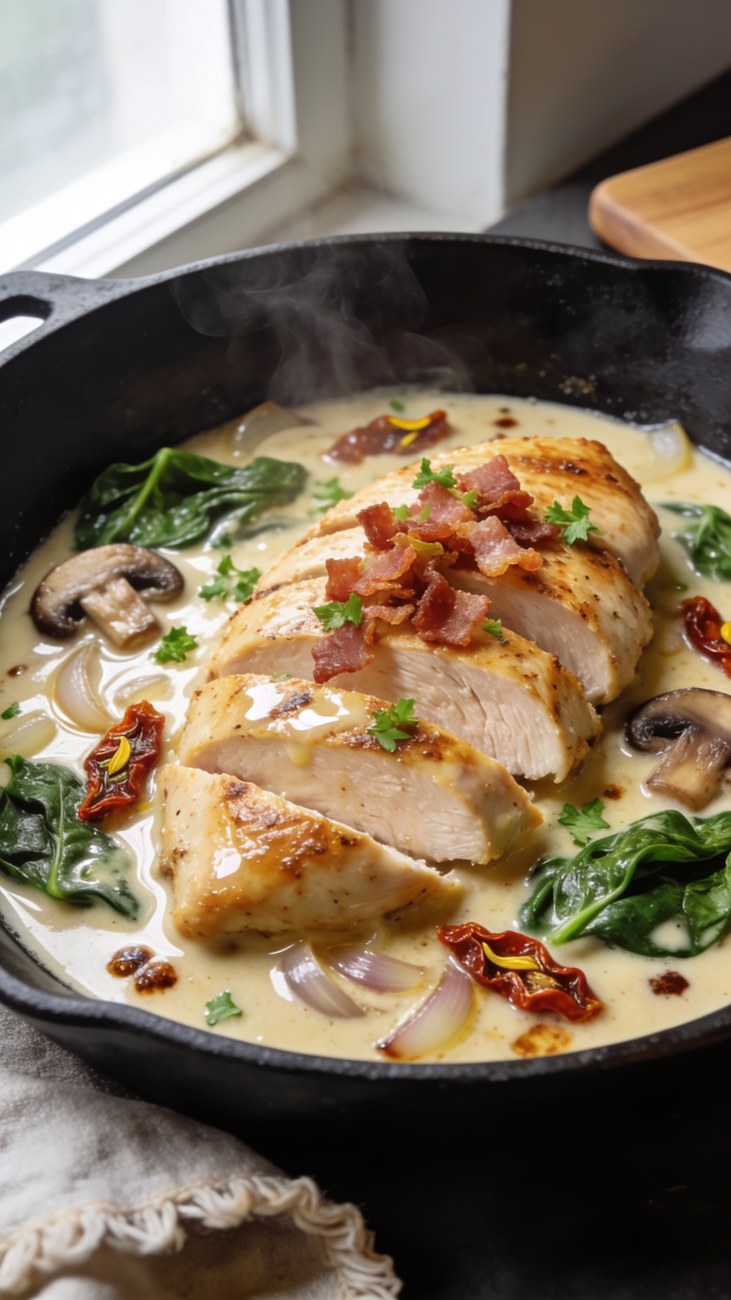 Ultra-close hero shot of Creamy Bacon Chicken Skillet in a black cast-iron pan: golden pan-seared chicken breasts sliced to reveal juicy interior, nestled in a silky, glossy garlic-cream sauce with visible shallot and browned fond bits; crisp crumbled bacon scattered on top, a few sautĂŠed mushrooms and wilted spinach folded into the sauce, and a final sprinkle of fresh chopped parsley. Sauce clings to chicken with gentle swirls and light reflections, a few sun-dried tomato slivers for color. Bright natural window light from the left, shallow depth of field, soft linen napkin edge and a wooden board barely peeking in the background. Food fills 90â95% of the frame, rich textures, steam faintly rising.