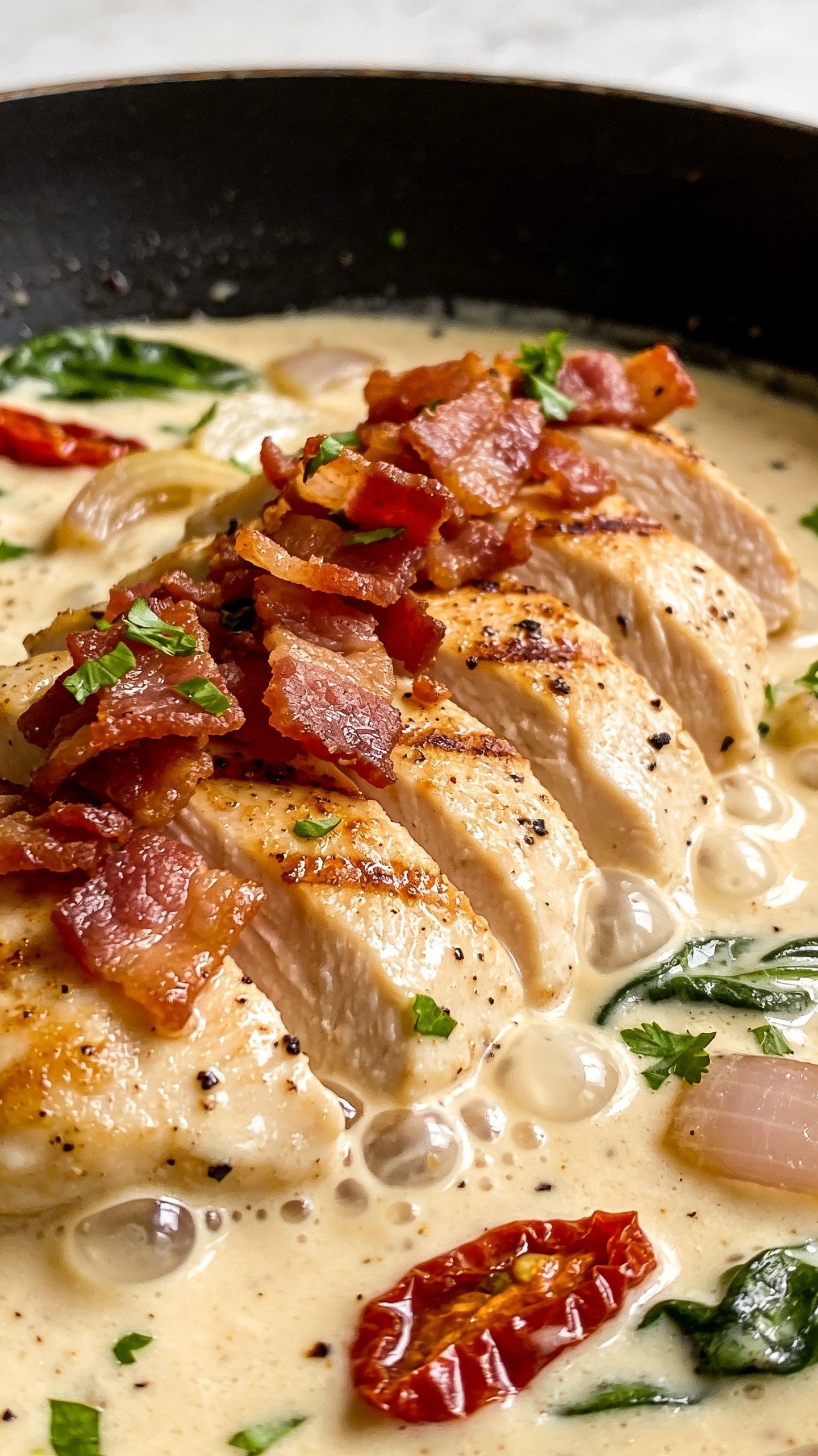 Extreme close-up from a low angle inside the skillet: crispy-edged bacon crumbles crowning fanned slices of seared chicken partially submerged in the velvety cream sauce; golden sear marks, micro-bubbles and swirls in the sauce, specks of black pepper, soft shallot pieces, and a few wilted spinach leaves peeking through. Fresh parsley scattered like confetti, a couple of sun-dried tomato slivers adding pops of red. Bright natural side light creating glossy sheen, shallow depth of field with only the front edge of chicken and sauce in razor focus. Food fills 90â95% of frame, cohesive with prompts 1 and