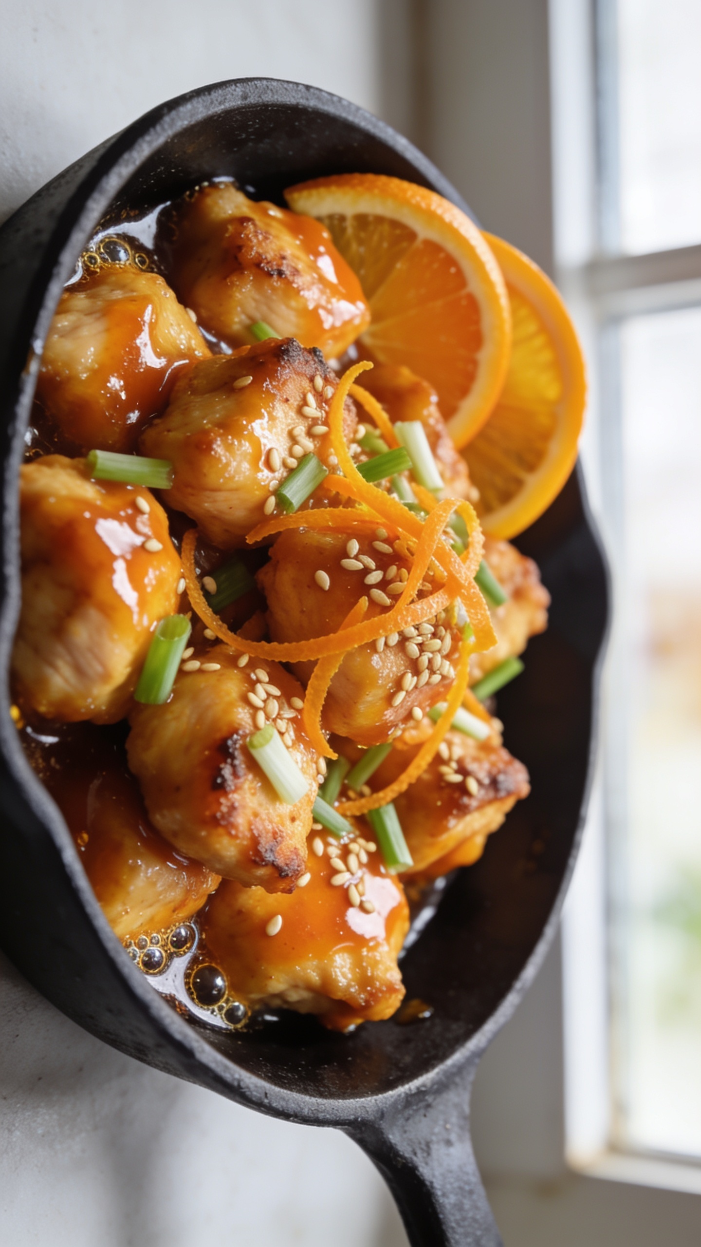Ultra-close hero shot of Orange Chicken Skillet: bite-sized, golden seared chicken pieces lacquered in a glossy orange glaze, nestled in a black cast-iron skillet. Sauce clings and pools lightly around crispy edges with micro-bubbles catching the light. Thin strips of fresh orange zest, finely sliced scallions, and a sprinkle of toasted sesame seeds scattered over the top. A few thin half-moons of fresh orange tucked at the edge of the skillet for color. Background softly blurred with bright natural window light from the side, shallow depth of field, vibrant warm tones, no hands, no text, food filling 90–95% of the frame, premium food-blog styling.