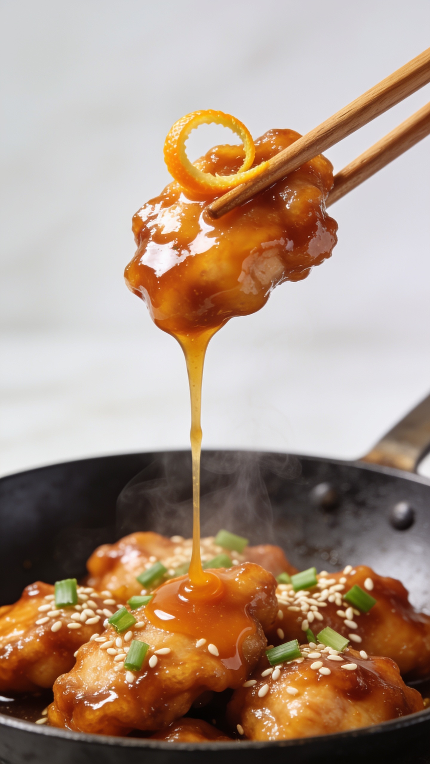Dynamic action close-up: wooden chopsticks lifting the perfect bite of the finished Orange Chicken—one glossy, caramelized piece with a clingy orange glaze and a curl of orange zest—held just above the skillet. A slow ribbon of extra orange sauce drips from the lifted piece back into the pan, catching highlights. Steam subtly rising, sesame seeds and minced scallions visible on the chicken in the skillet below. Bright natural lighting, shallow depth of field, food filling 90–95% of the frame, no hands or people, magazine-cover anticipation.