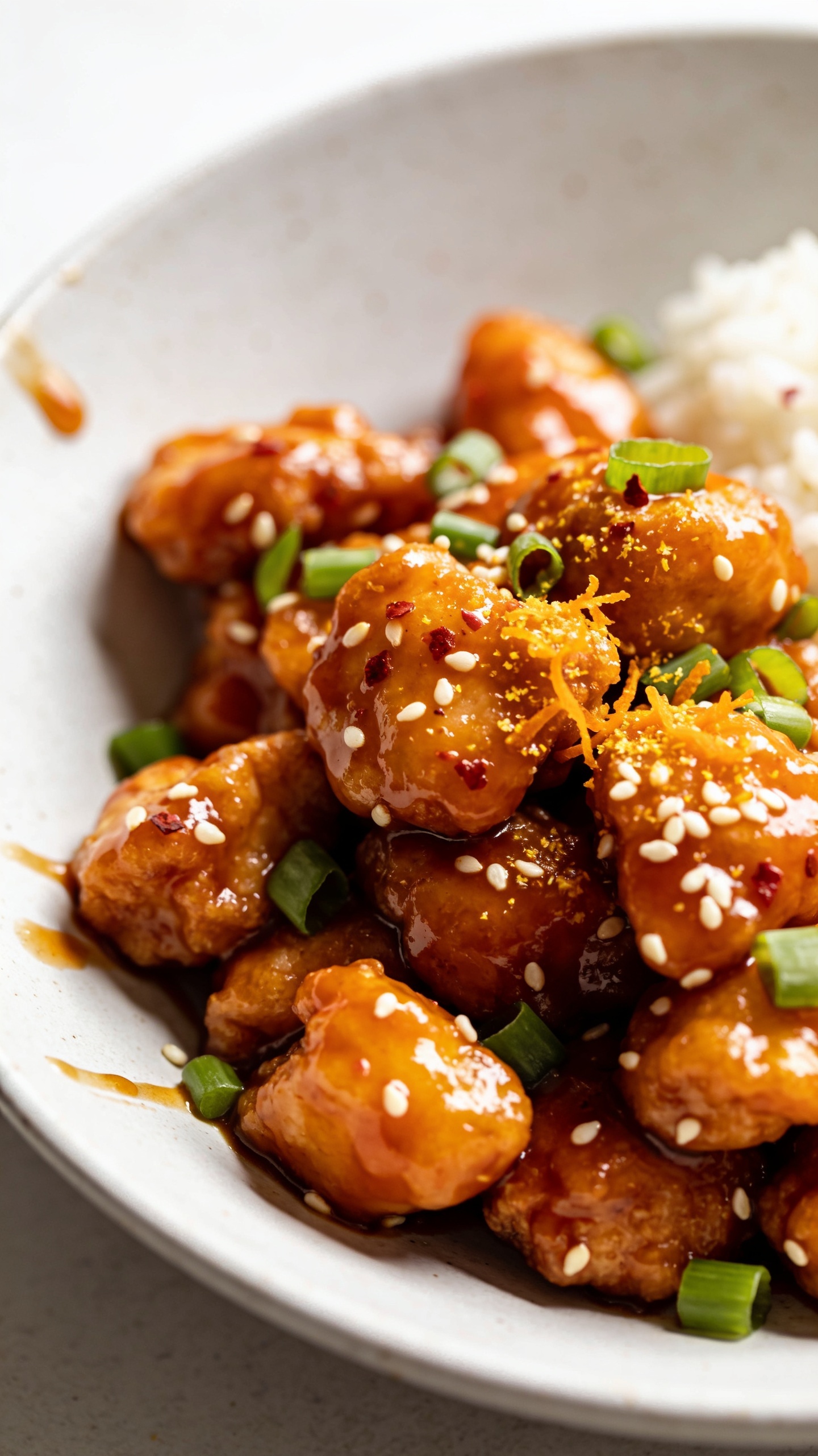 Extreme close-up angled macro of the same finished Orange Chicken plated in a shallow matte-white bowl: crisp-edged chicken chunks glistening with thick orange glaze, scattered scallions and sesame seeds, whispers of red pepper flakes, and micro-grated orange zest sparkling on top. A few sticky sauce streaks on the bowl for realism, with a blurred hint of fluffy white rice at the edge to anchor the scene. Bright natural side light, shallow depth of field, saturated warm oranges and greens, food filling 90–95% of the frame, cohesive with the hero image.