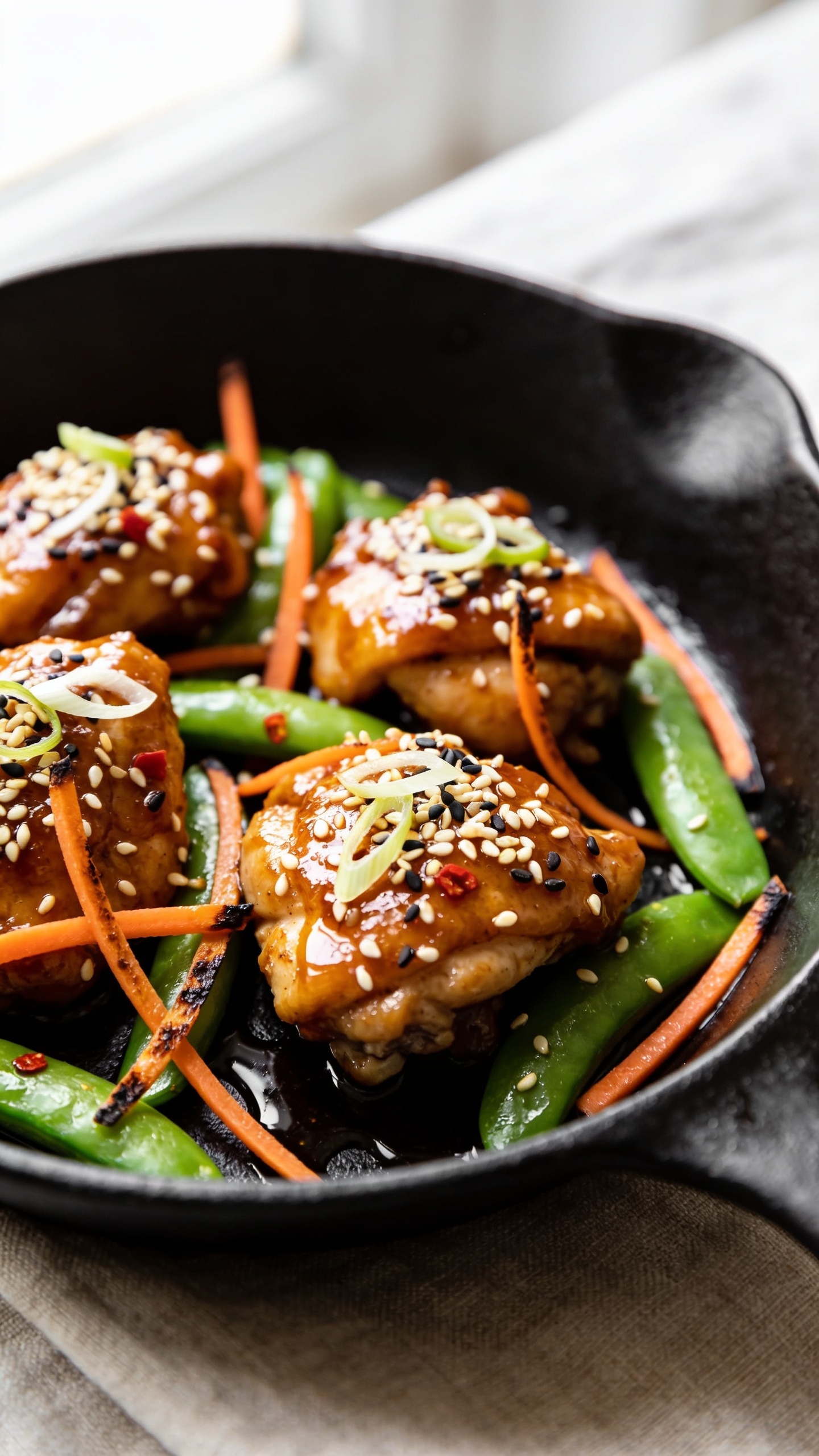 Ultra-close-up hero shot of Sesame Ginger Chicken Skillet in a black cast-iron pan, 90–95% frame filled with glossy bite-sized chicken thighs lacquered in a sticky soy-ginger-honey glaze, scattered with bright green snap peas and thin carrot ribbons with lightly blistered edges, topped with a shower of toasted white and black sesame seeds and finely sliced scallions; a few red chili flakes for subtle heat; glistening sauce pooling slightly in the skillet’s curves; bright natural window light from the left, gentle reflector fill on the right, shallow depth of field emphasizing juicy, caramelized chicken and sesame sheen; neutral linen under the skillet, background softly blurred, premium food-blog styling, no text or hands.