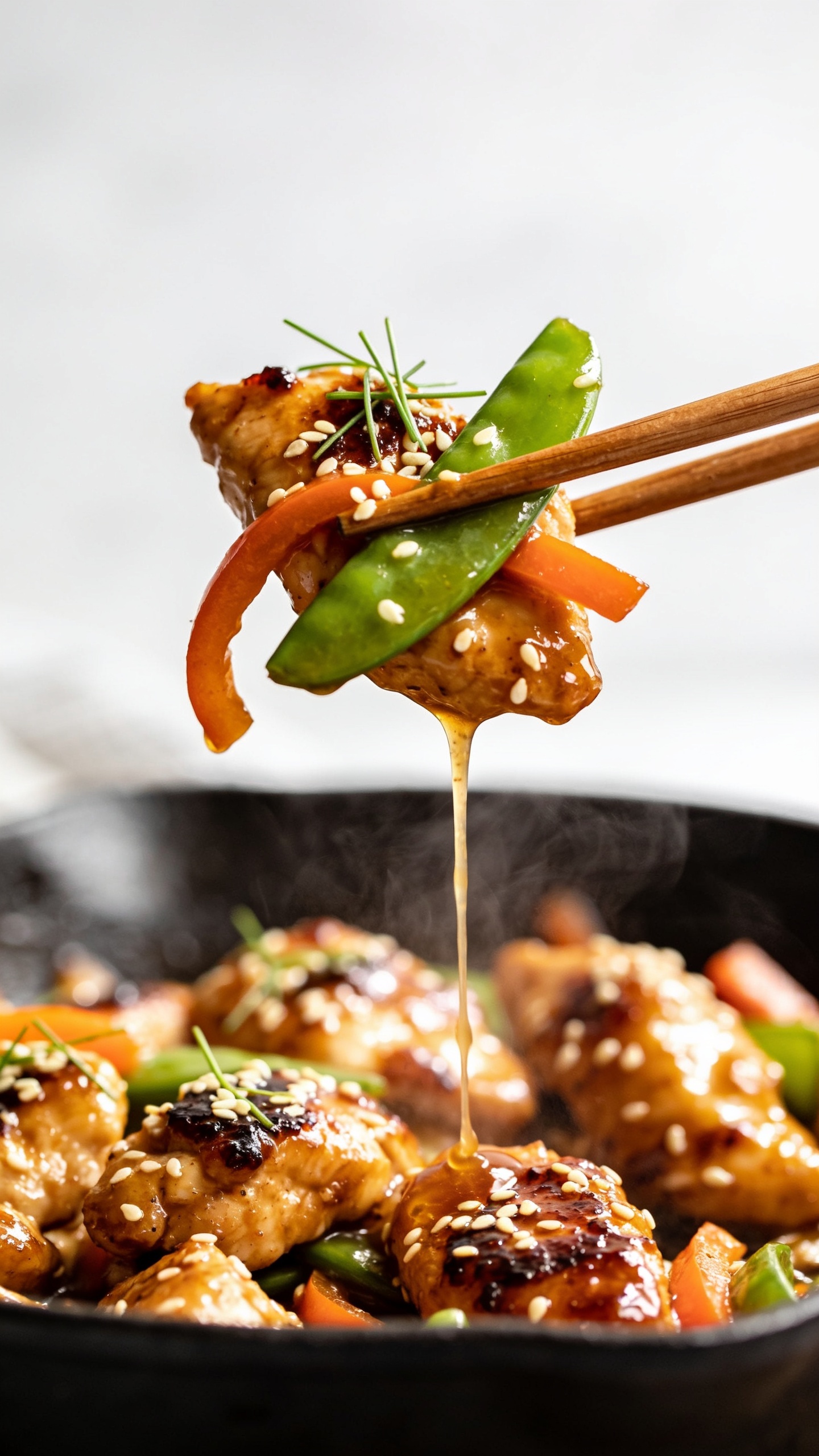 Dynamic action close-up: wooden chopsticks lifting the perfect bite of the Sesame Ginger Chicken Skillet—one glossy chicken piece with a tender snap pea and a ribbon of carrot clinging to it—trailing a slow, sticky strand of sesame-ginger sauce back to the skillet below; steam faintly rising; sesame seeds and micro-scallions perched on the bite; 90–95% frame filled with food, bright natural lighting, ultra-shallow depth of field isolating the lifted bite while the rest of the saucy chicken and veggies glow in bokeh; rich caramelized edges, glistening glaze, no hands or people visible, premium magazine-cover energy.