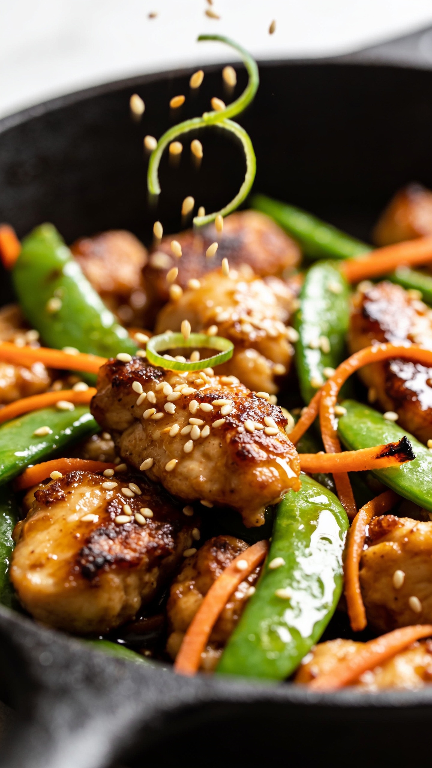 Extreme close-up angled from skillet rim level, focusing on textures: clusters of caramelized chicken chunks with crispy edges, glossy sesame-ginger glaze beading on the surface, snap peas showing bright green crunch, carrot ribbons slightly charred at tips; a light sprinkle of toasted sesame seeds and thin scallion curls mid-fall captured in motion over the dish; sauce reflections creating mouthwatering highlights; 90–95% of frame filled with the skillet contents, bright natural side light, shallow depth of field with foreground chicken tack-sharp and background softly blurred, cohesive with the same finished recipe and styling as the other shots.