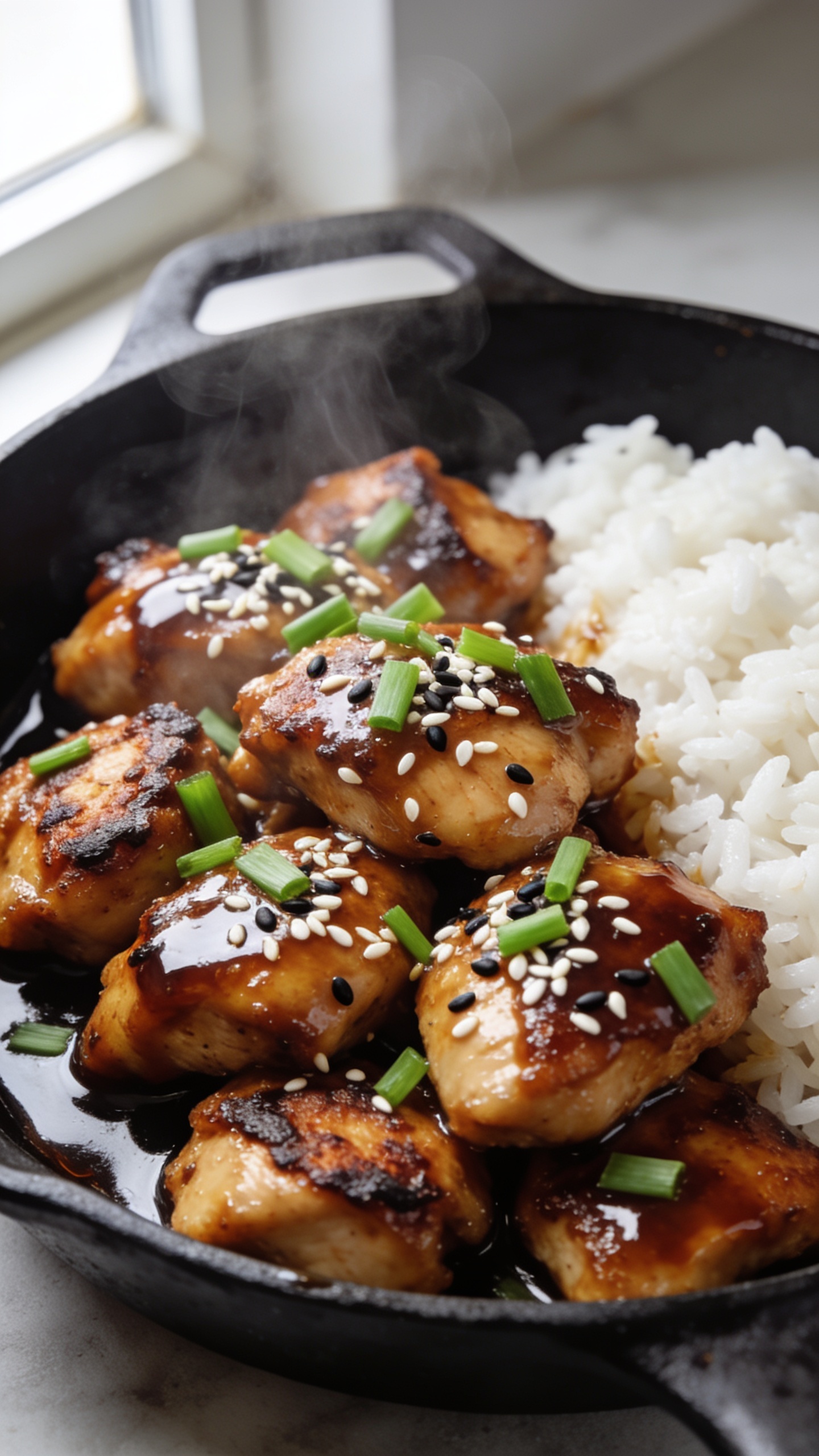 Ultra-close hero shot of glossy teriyaki chicken skillet: bite-sized seared chicken thighs with crisp caramelized edges glazed in a thick, lacquered teriyaki sauce, piled in a black cast-iron skillet. Garnished with thinly sliced green onions and a shower of toasted white and black sesame seeds, with a side of fluffy steamed white rice tucked into one edge of the frame for context. Bright natural window light from the left, shallow depth of field, steam softly rising, sauce pooling and clinging to each piece. Rich browns, deep mahogany glaze, vibrant greens, and sesame sparkle; 90–95% food filling the frame, premium food-blog styling.