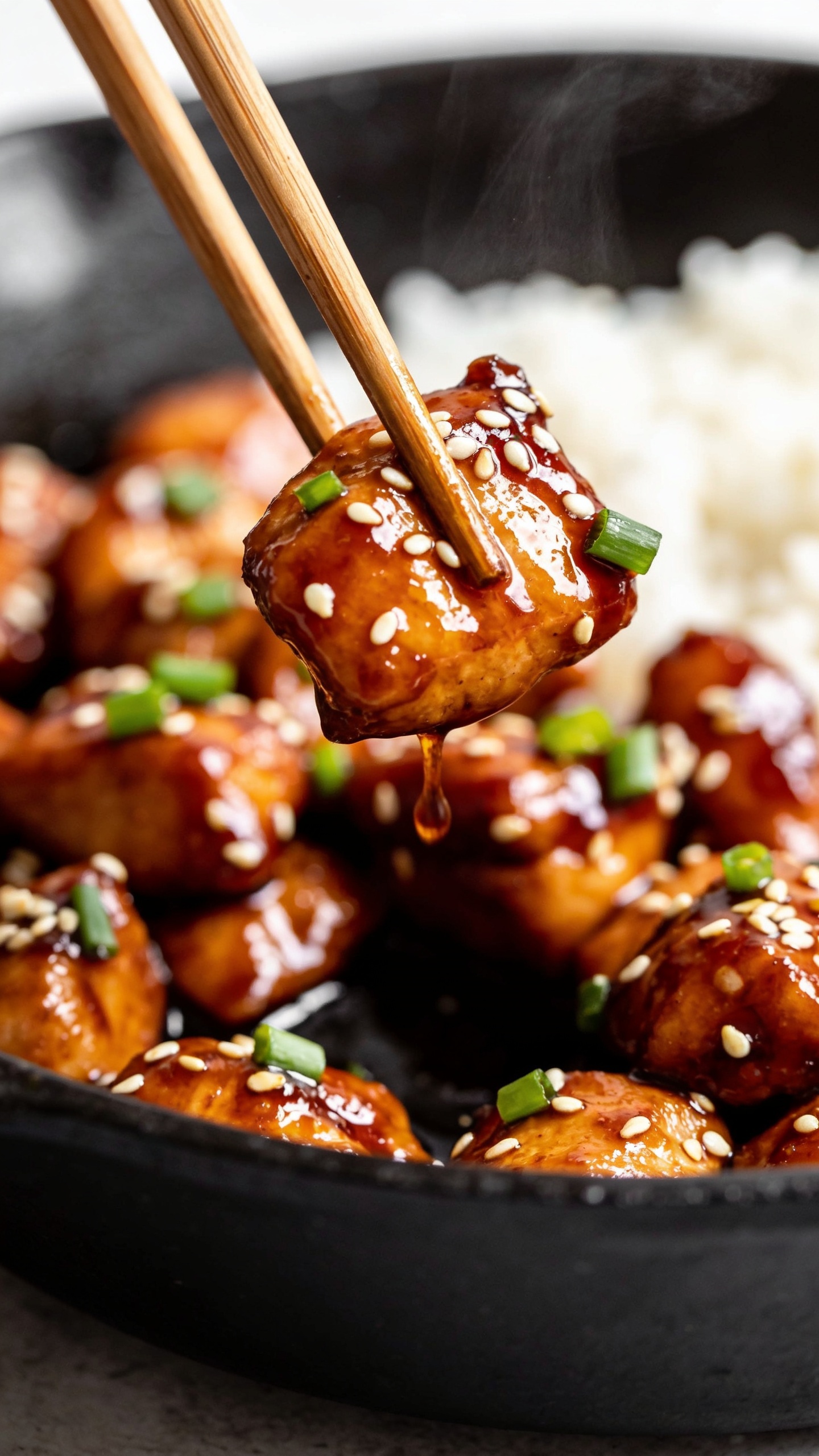 Dynamic action moment: wooden chopsticks lifting the perfect glossy bite of teriyaki chicken straight from the skillet, one lacquered piece with a tiny strand of sauce stretching back to the pan. Micro-beads of glaze catch the light, sesame seeds and minced green onion clinging to the surface. Gentle steam rising; background softly blurred with the rest of the skillet packed with identical glazed chicken and a peek of white rice. Bright natural lighting, ultra-close composition with 90–95% food, high contrast, mouthwatering anticipation one second before the bite, no hands visible.