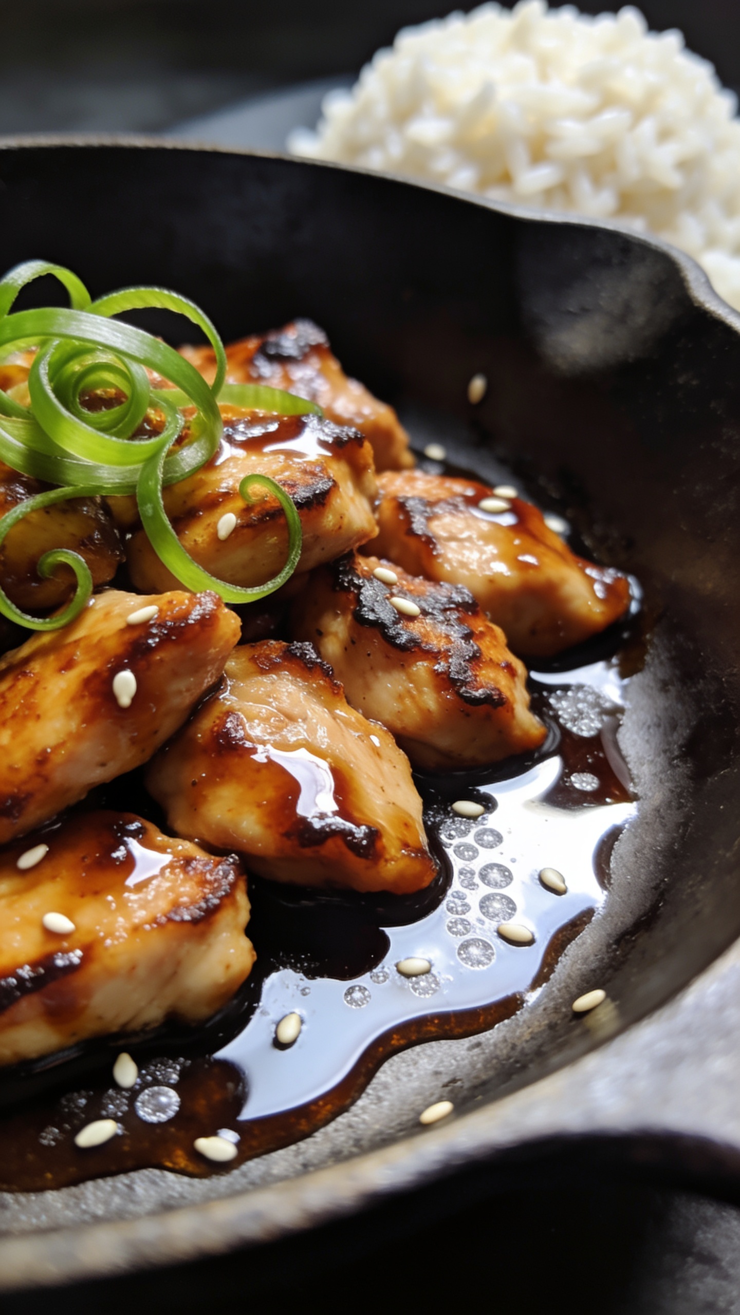 Extreme close-up angle from skillet rim: tight focus on a cluster of teriyaki chicken pieces with crisped edges and a thick, mirror-like sauce pooling in the skillet’s shallow curve. A few sesame seeds scattered on the glossy surface, thin ribbons of green onion curling atop. Visible caramelization and sticky texture, tiny bubbles frozen in the glaze. Natural light highlights and soft shadows emphasize depth; shallow depth of field blurs the far side of the pan and a subtle mound of steamed rice. 90–95% food filling the frame, bright, vibrant, irresistibly saucy.