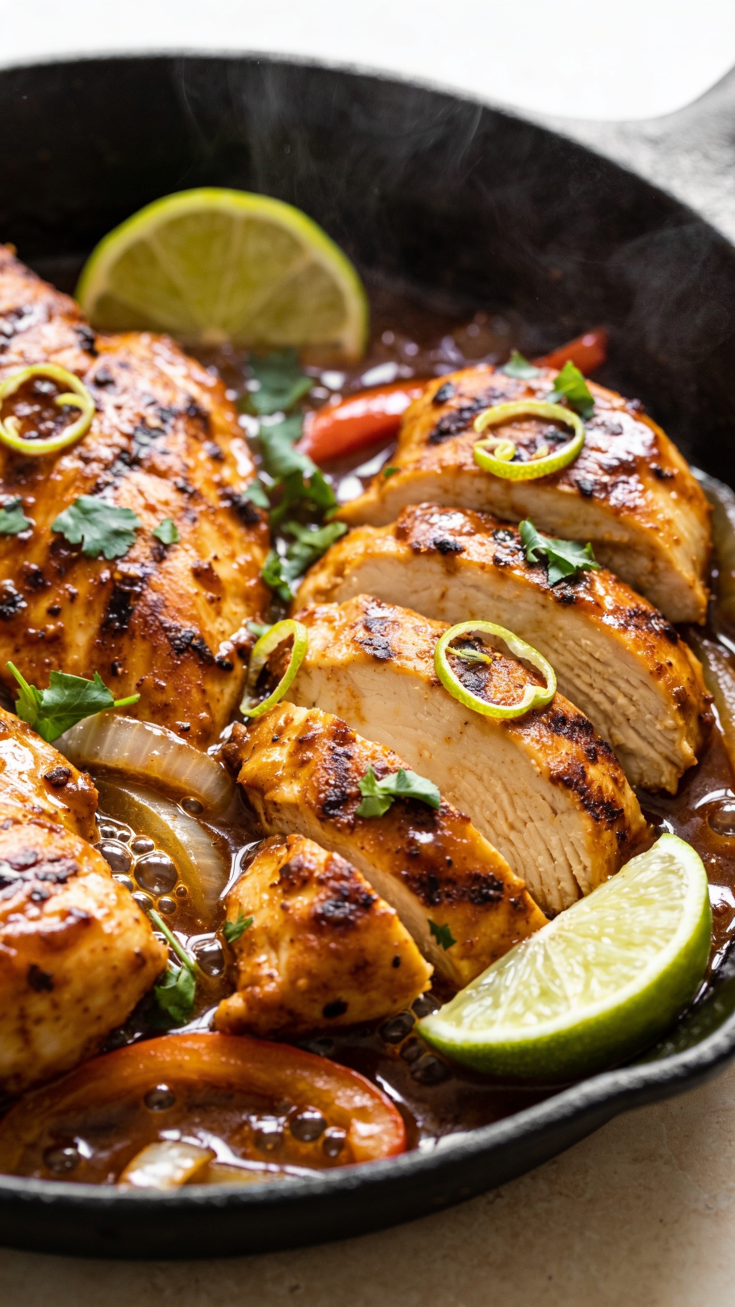 Extreme close-up hero shot of Chipotle Lime Chicken Skillet: golden-brown seared chicken thighs sliced into thick, juicy pieces in a black cast-iron skillet, bathed in a glossy chipotle-in-adobo and lime pan sauce with visible charred bits; vibrant lime wedges tucked at the edges, a few thin lime zest curls on top, and a scatter of freshly chopped cilantro; tiny bubbles of sauce clinging to the chicken, caramelized onions and a few sautéed bell pepper strips peeking through; shot in bright natural window light, shallow depth of field, food filling 90–95% of frame, premium food-blog styling, steam subtly rising, warm neutral surface, no text.