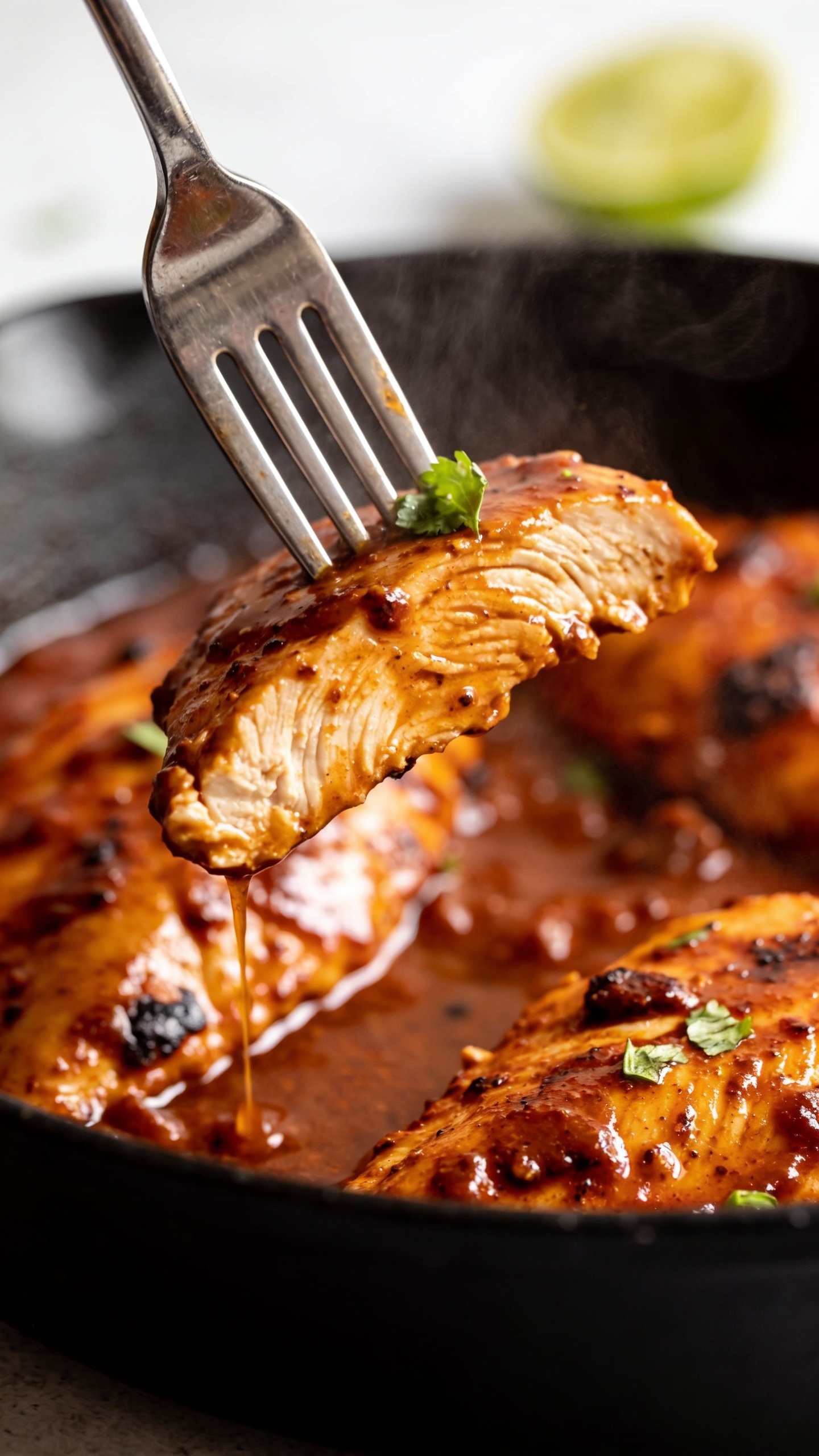 Dynamic action close-up: a polished dinner fork lifting the perfect bite of Chipotle Lime Chicken from the skillet—one thick, juicy slice glistening with glossy chipotle-lime sauce and a fleck of cilantro, with a micro-drip of sauce slowly stretching back toward the skillet; background blur shows the rest of the chicken nestled in the rich, reddish-brown sauce with charred bits and a lime wedge slightly out of focus; bright natural light, shallow depth of field, food filling 90–95% of frame, no hands visible, intense texture and steam for irresistible, just-before-the-bite anticipation.