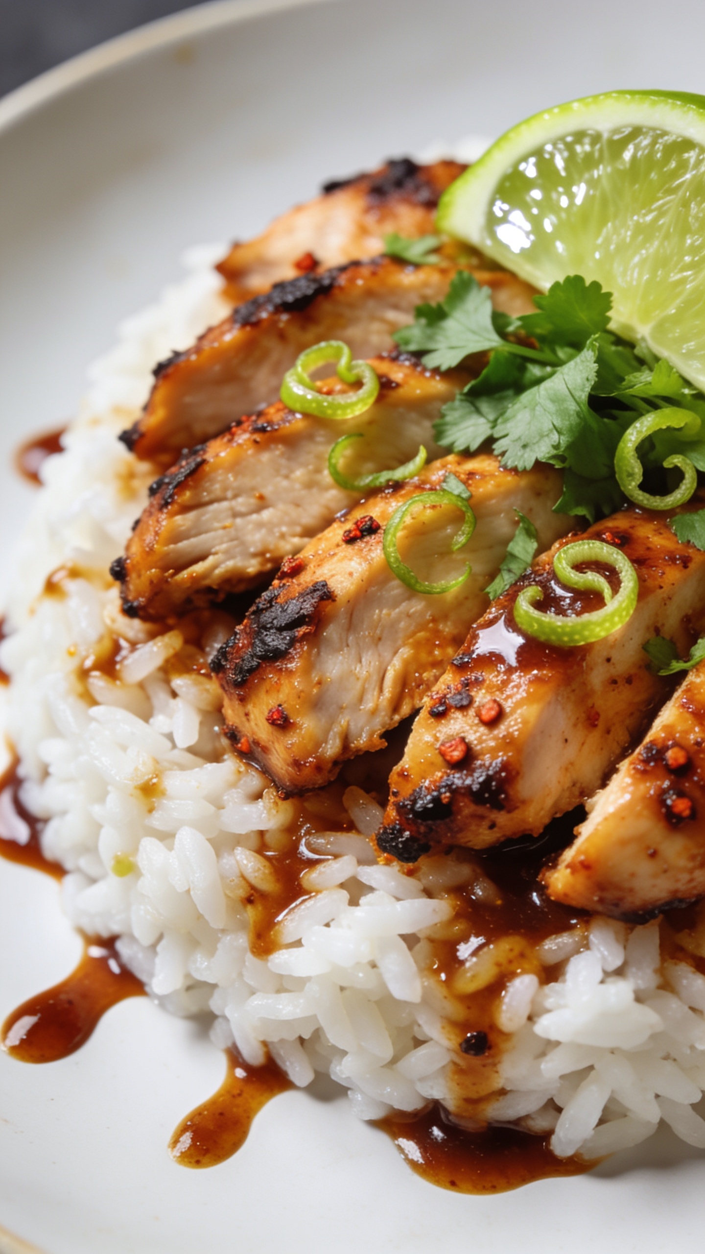 Macro side-angle close-up of the same finished Chipotle Lime Chicken plated over fluffy white rice: sliced, caramelized chicken pieces lacquered in shiny chipotle-lime reduction pooling slightly around the grains; crispy seared edges, visible specks of chipotle, tiny lime zest curls and fresh cilantro sprinkled over the top, a glistening lime wedge at the rim; a few glossy sauce streaks on the rice for contrast; bright natural lighting, shallow depth of field, food filling 90–95% of frame, cohesive with the hero image styling, no text.