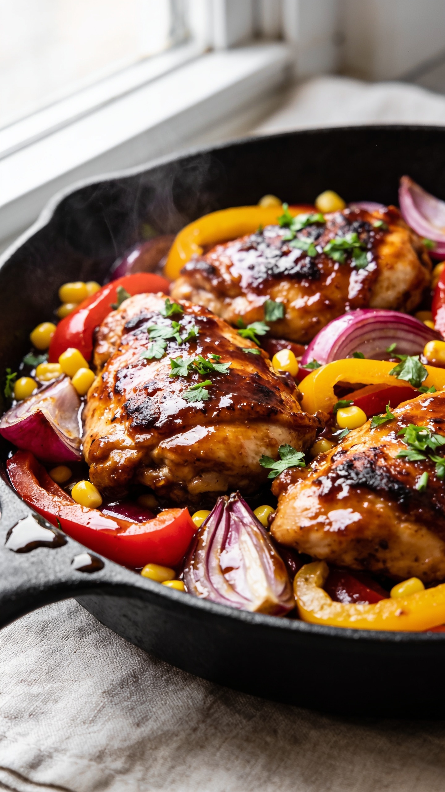 Ultra-close hero shot of a stovetop BBQ chicken skillet: glossy boneless chicken thigh pieces seared with slight charred edges, coated in a sticky, deep mahogany BBQ glaze, nestled with vibrant red and yellow bell pepper strips, caramelized red onion petals, and sweet corn kernels. Food fills 90–95% of the frame in a black cast-iron skillet on a neutral linen, bright natural window light from the left, shallow depth of field, rich contrast and shine on the sauce, scattered fresh chopped parsley on top, a few glistening sauce drips on the skillet lip, steam subtly rising, no text, no hands, premium food-blog styling.