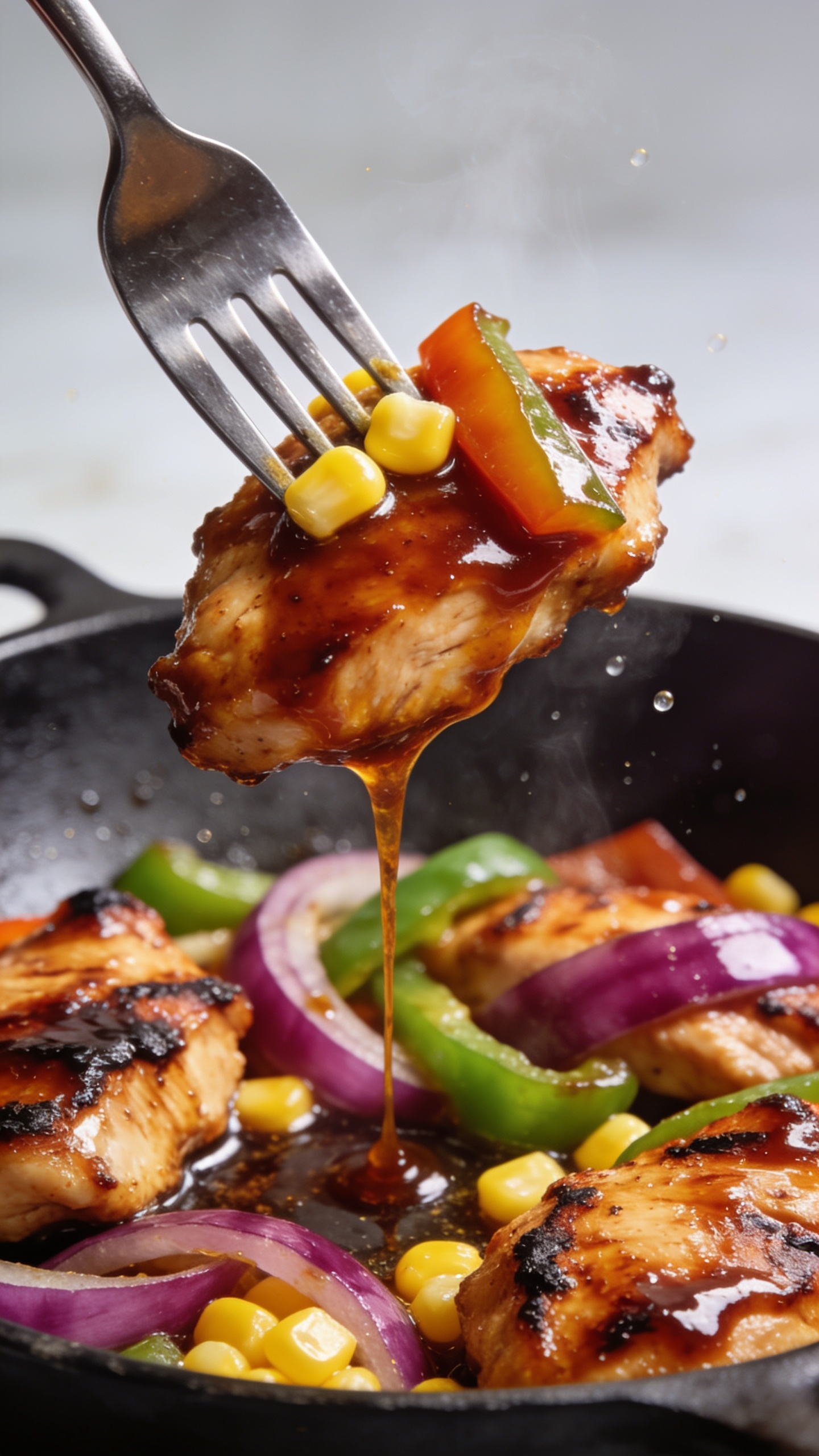 Dynamic action close-up capturing the perfect bite: a fork lifting a juicy glazed piece of BBQ chicken with a strand of melted, sticky BBQ sauce stretching back to the skillet, a few corn kernels and a sliver of bell pepper clinging to the bite. The remaining chicken, peppers, red onion, and corn below are slick with glossy sauce and lightly charred edges. Food dominates 90–95% of the frame, bright natural light, shallow depth of field, vibrant colors, micro-beads of sauce catching light, steam visible, only the fork tip in frame (no hands), intense anticipation one second before the bite.