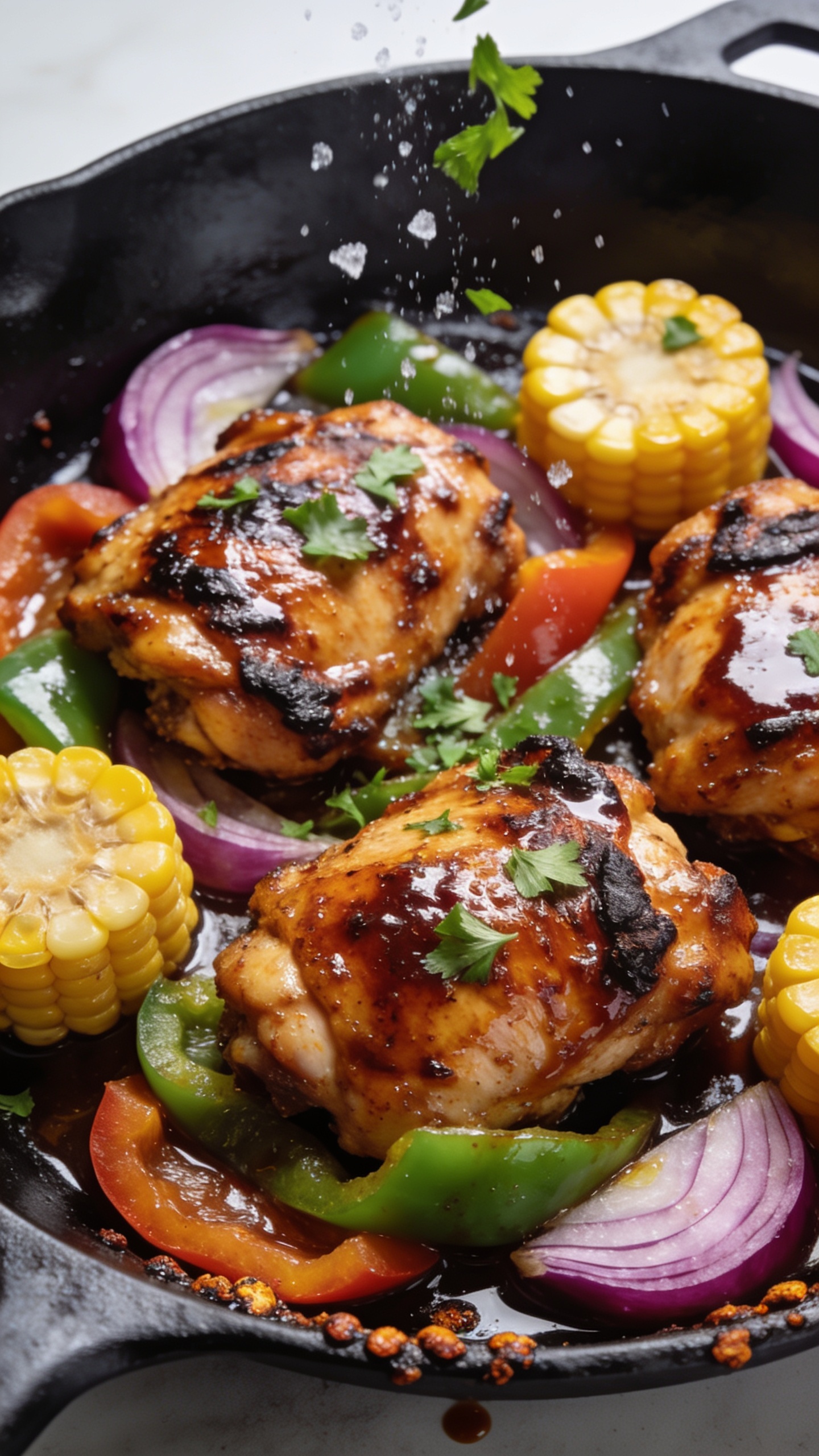 Tight overhead three-quarter close-up of the finished BBQ chicken skillet plated in the same black cast-iron: saucy, lacquered chicken thigh pieces with charred edges, bell peppers, red onion petals, and corn arranged in natural clusters. Fresh parsley being sprinkled mid-fall, flecks frozen in the air above the glossy surface. Food fills 90–95% of the frame, bright natural side light, shallow depth of field focusing on the center sheen and texture, subtle sauce pooling and a few caramelized bits along the skillet rim, clean, modern styling with warm, appetizing tones.
