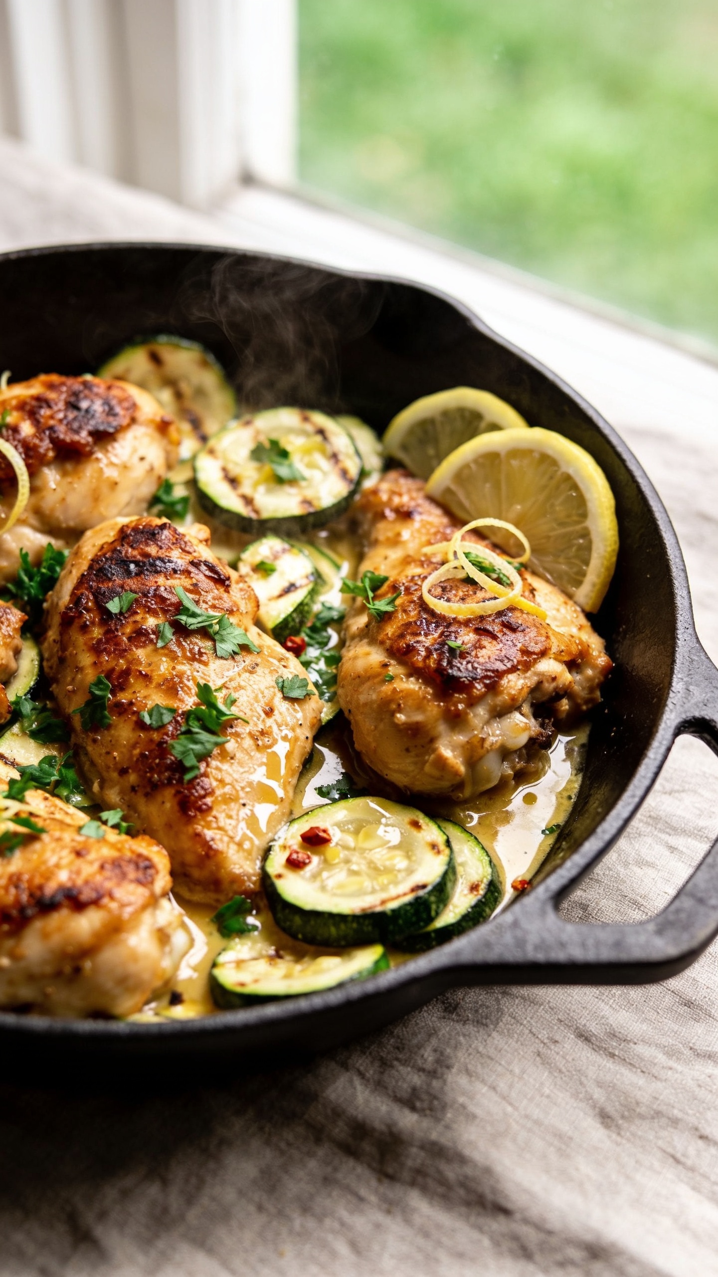 Ultra close-up hero shot of a one-pan Chicken and Zucchini Skillet: golden seared chicken thigh or breast pieces with caramelized edges, tender-crisp half-moons of zucchini with light char, glossy garlicky pan sauce pooling and clinging, garnished with freshly chopped parsley and delicate lemon zest, thin lemon wedges tucked at the edge of the skillet, a few red pepper flakes visible. Shot in a matte black cast-iron skillet set on a neutral linen, bright natural window light from the side, shallow depth of field, vibrant greens and warm golden browns, steam faintly rising, food filling 90–95% of the frame, premium food-blog styling, no text or hands.