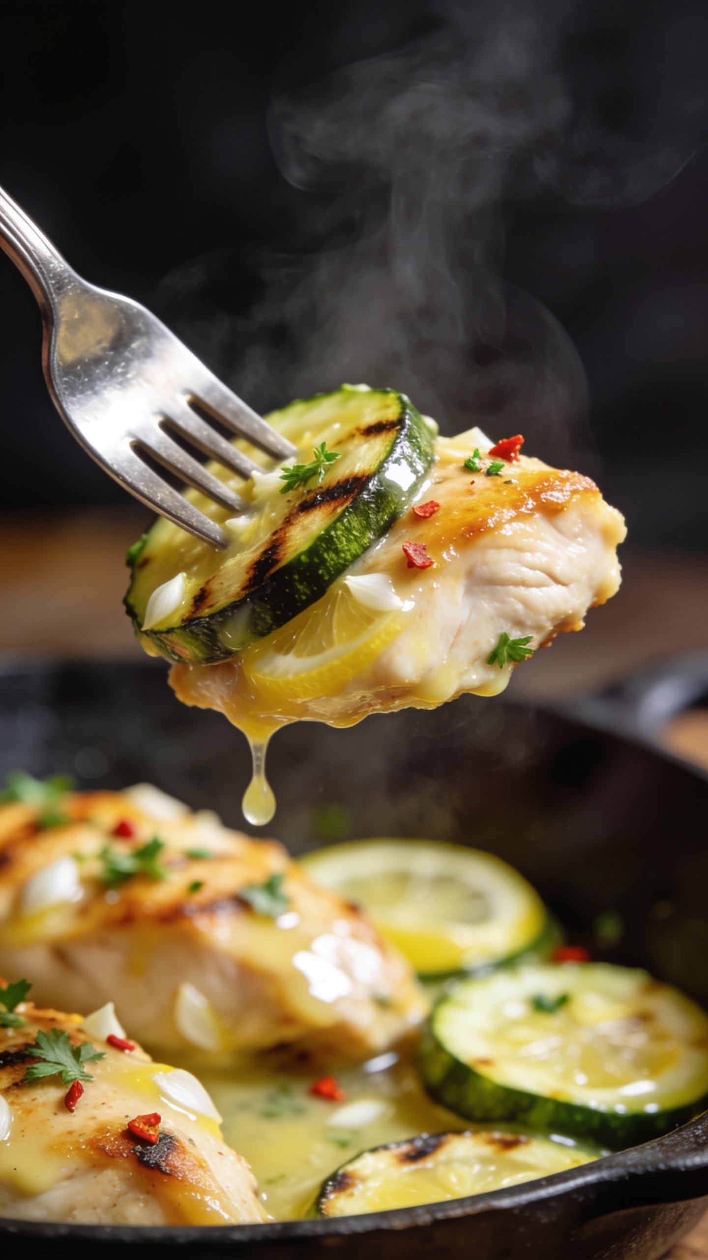 Dynamic action close-up capturing the irresistible bite: a polished fork lifting the perfect mouthful—one juicy golden-edged chicken piece plus a char-kissed zucchini slice—glossy garlicky lemon sauce glistening and a micro-drip caught mid-fall, tiny flecks of parsley and red pepper flake clinging. Steam wafts softly, background shows the same skillet of chicken and zucchini blurred bokeh. Bright natural side light, shallow depth of field, food filling 90–95% of the frame, no hands or faces, premium magazine-worthy anticipation moment.