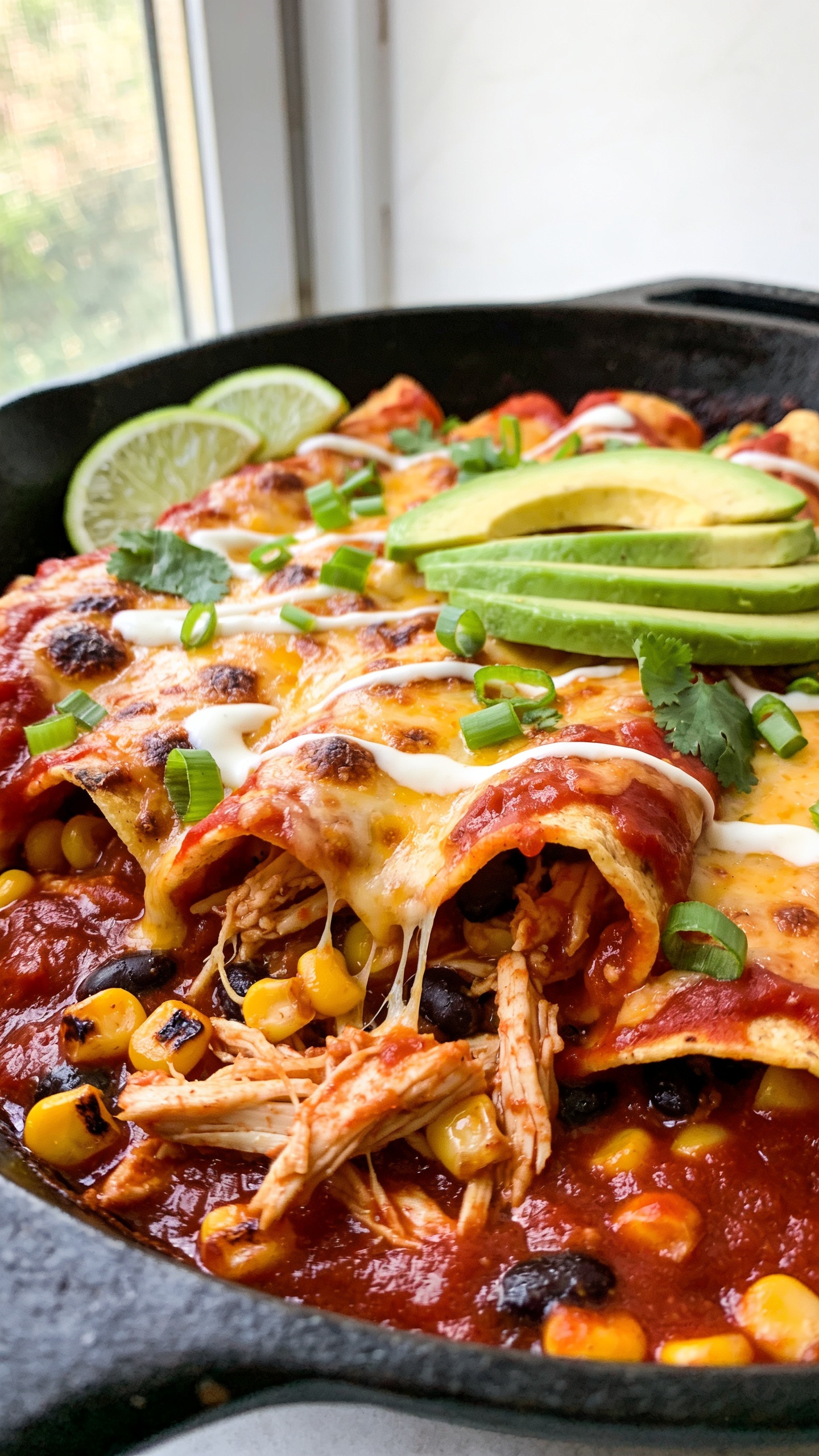 Ultra-close-up hero shot of a chicken enchilada skillet: cast-iron skillet filled edge-to-edge with saucy torn corn tortillas, tender shredded chicken, smoky red enchilada sauce glossing every surface, melted Monterey Jack and cheddar browned in spots with stretchy edges, charred corn kernels, black beans peeking through, scattered fresh cilantro leaves, thinly sliced green onions, lime wedges tucked along the rim, a few avocado slices fanned on top, and a light drizzle of crema. Bright natural window light from the left, shallow depth of field with the front third in sharp focus, rich reds, golden cheese, and vibrant green pops, 90–95% food filling the frame, premium food-blog styling, no text.