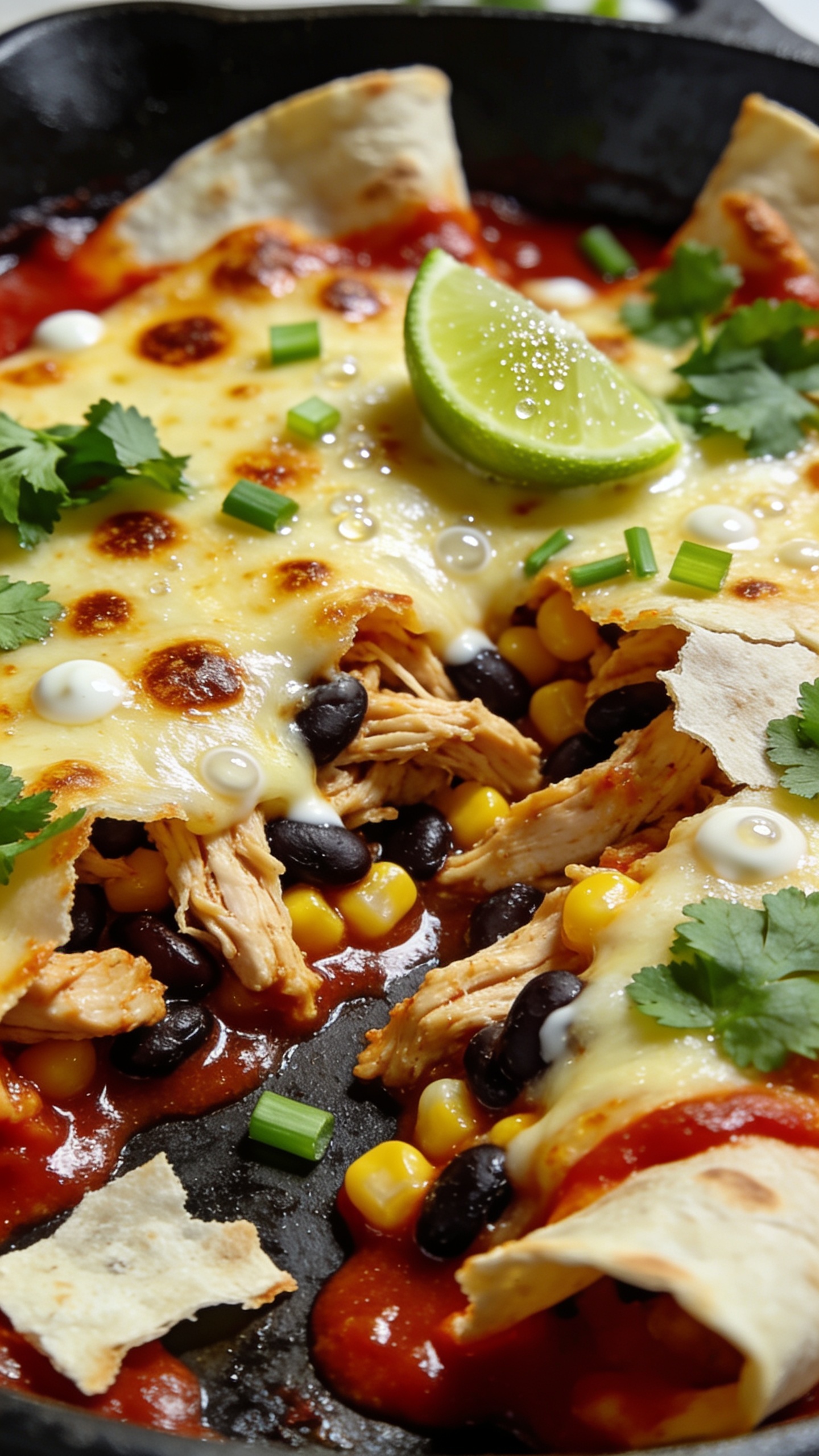 Macro close-up from a low angle across the skillet surface showing the bubbly cheese cap with caramelized spots, glossy pools of red enchilada sauce around torn tortillas, juicy strands of chicken, black beans and sweet corn nestled in, tiny droplets of crema beading, fresh cilantro and green onion scattered, a lime wedge slightly squeezed with micro spritz on the surface. Bright natural light, shallow depth of field with crispy-cheesy edges in tack-sharp focus, saturated colors, 90–95% food filling the frame, same styling as the other images, no text.