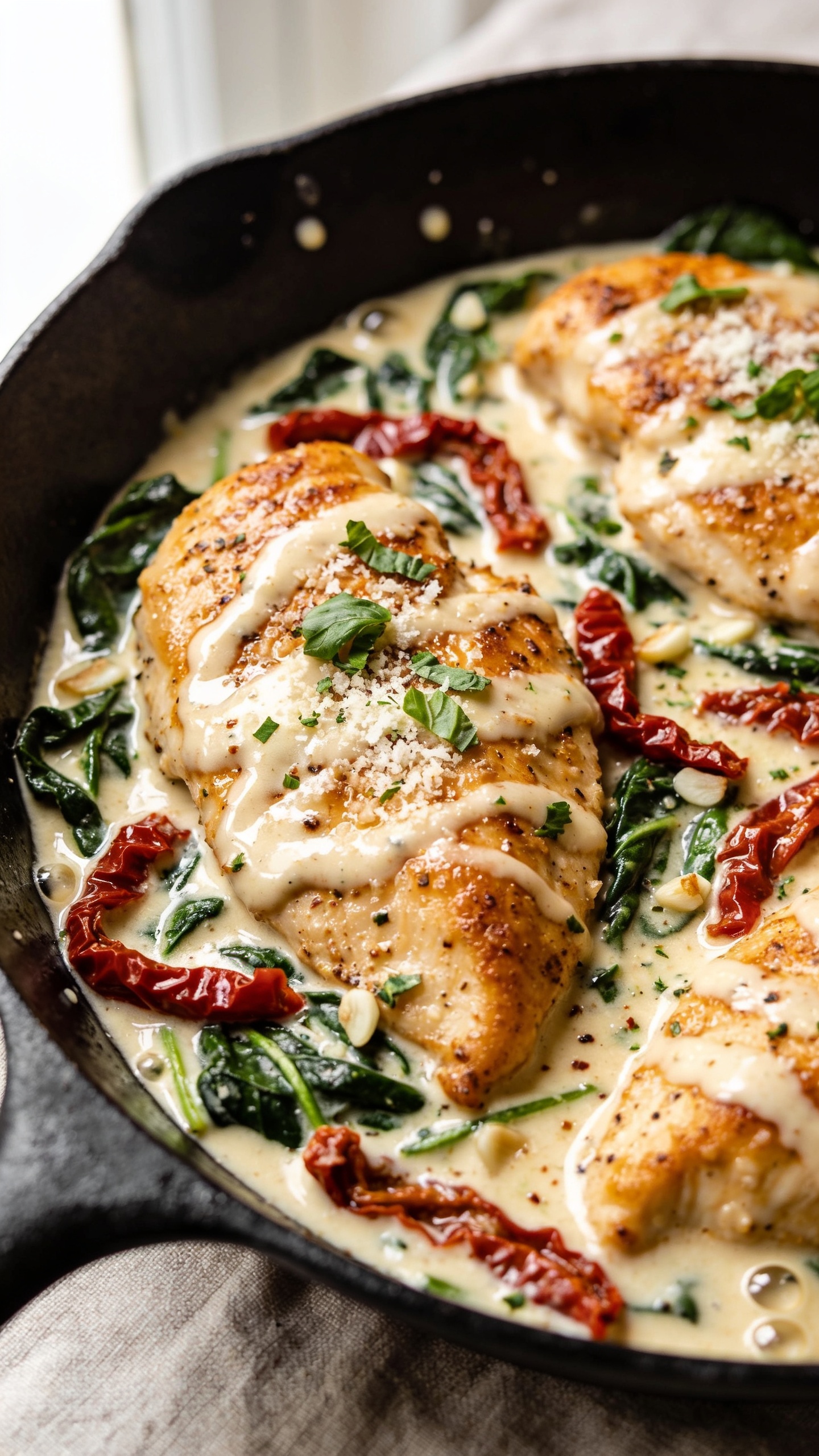Ultra-close hero shot of Creamy Italian Chicken Skillet: golden seared chicken cutlets nestled in a glossy, Parmesan-kissed cream sauce with ribbons of sun-dried tomatoes and wilted spinach, dotted with minced garlic and flecks of Italian herbs; sauce clings to the chicken with gentle swirls of melted cheese sheen; a light sprinkle of freshly grated Parmesan and micro-chopped basil on top; served in a matte black skillet with a few sauce bubbles at the edges for just-cooked appeal; bright natural window light from the left, shallow depth of field, creamy bokeh background with neutral linen; 90–95% frame filled with the skillet, rich textures, vivid reds from tomatoes, fresh green herbs, creamy ivory sauce, and golden chicken.
