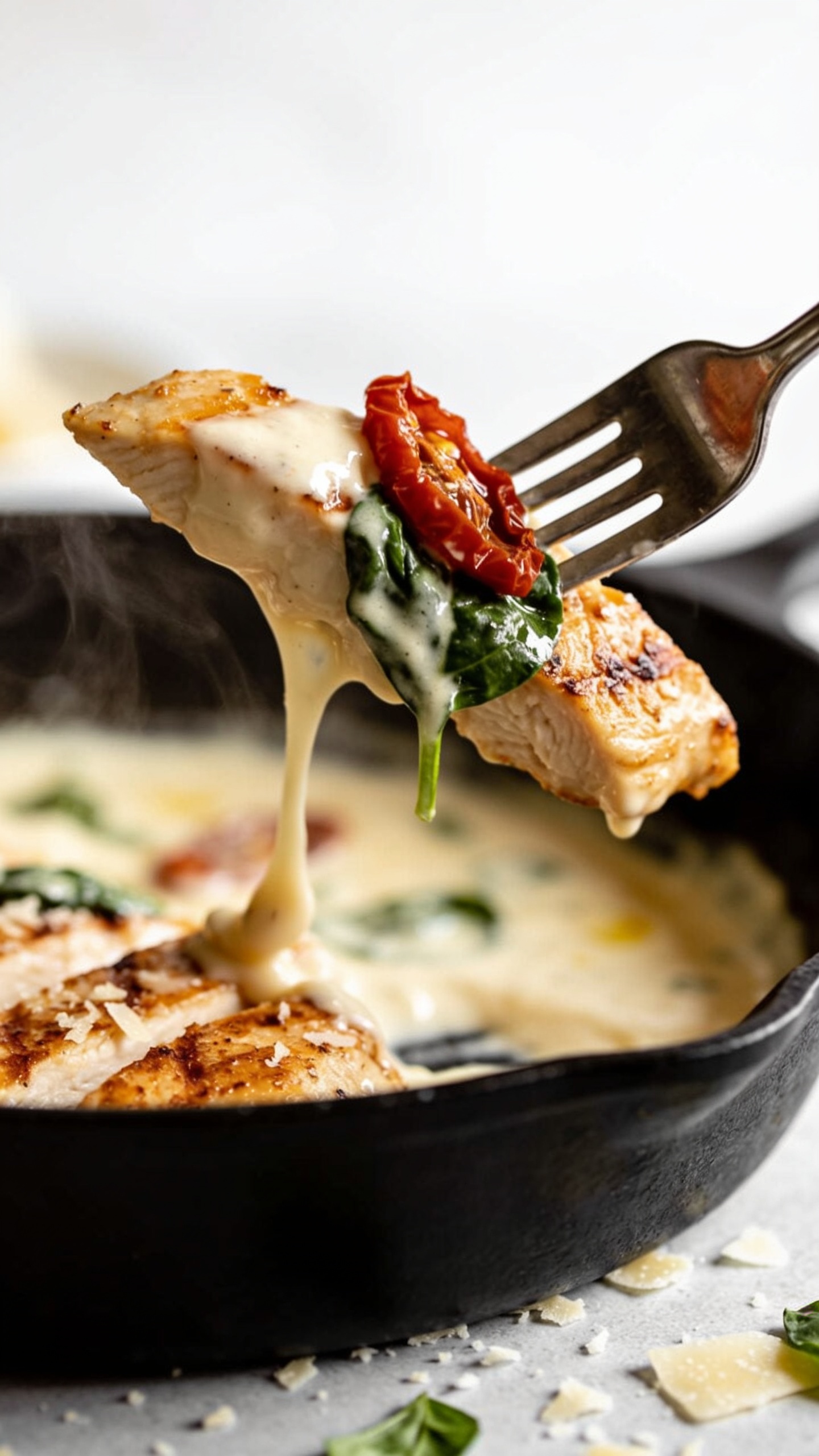 Dynamic action close-up: a polished fork lifting the perfect bite—juicy strip of golden seared chicken coated in silky cream sauce with a sliver of sun-dried tomato and a spinach leaf clinging to it—sauce glistening and slowly ribboning back into the skillet; faint visible steam rising; scattered Parmesan shavings and basil confetti on the surface below; background softly blurred but clearly the same creamy skillet; bright natural lighting, ultra-close crop filling 90–95% of the frame with the food and fork, shallow depth of field, premium magazine vibe, movement frozen one second before the bite.