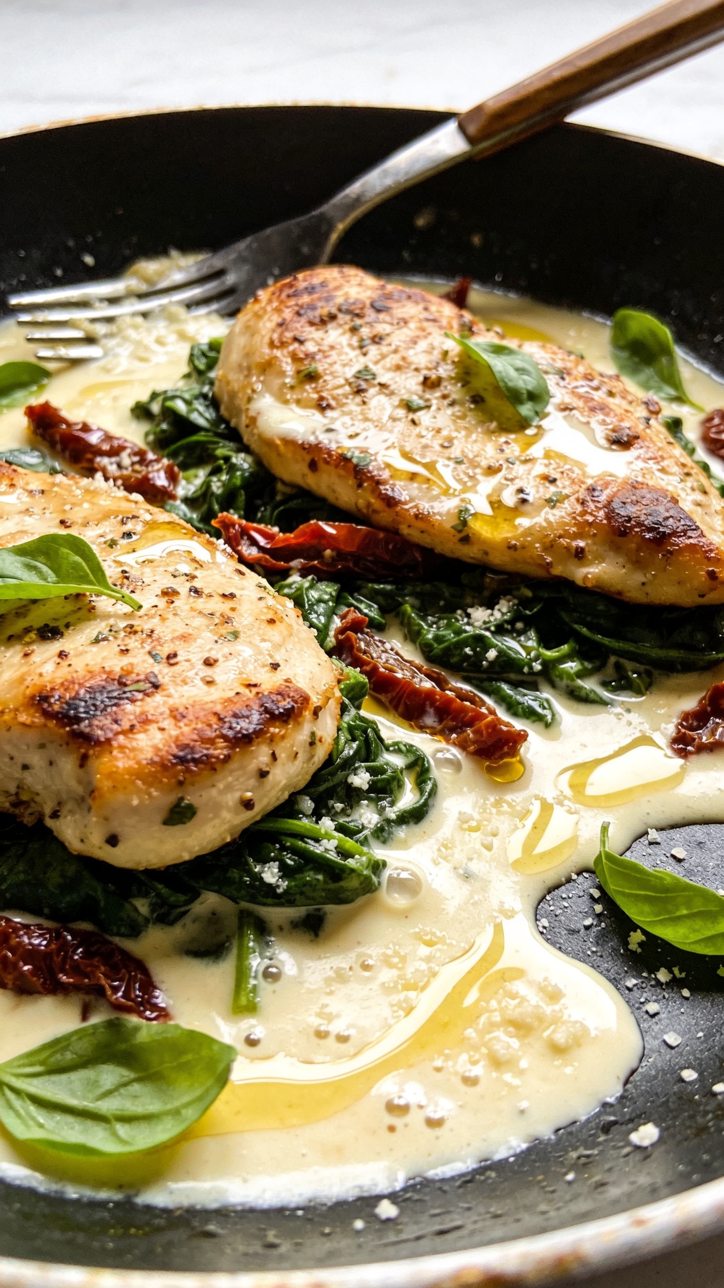Macro close-up from a low side angle of the same skillet: fork resting on the rim, tines lightly dipped in the sauce; focus on two overlapping chicken cutlets showing browned edges, pepper flakes and Italian herb specks, sun-dried tomato strips tucked between folds of wilted spinach; thick glossy cream sauce pooling and gently streaking across the pan, micro-bubbles and Parmesan granules visible; finishing drizzle of extra-virgin olive oil catching highlights; bright natural light, shallow depth of field, 90–95% frame filled with the dish, saturated yet natural colors, fresh basil scattered for a final pop.