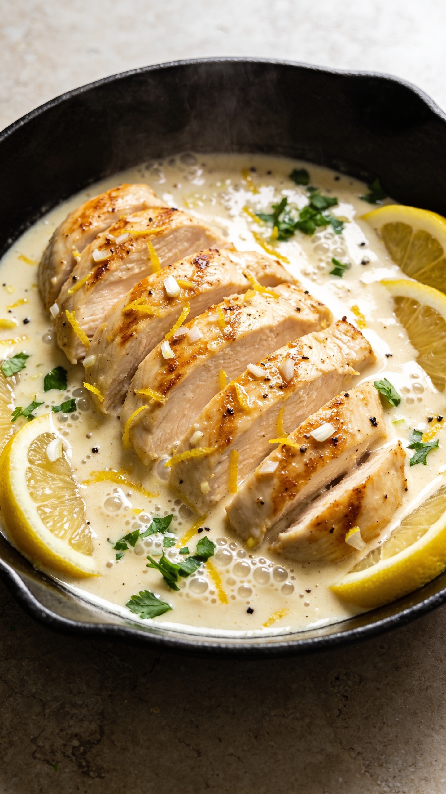 Extreme close-up hero shot of a creamy lemon garlic chicken skillet: golden seared boneless skinless chicken breasts sliced on a slight bias and nestled in a glossy, velvety pale-cream sauce with visible micro-bubbles; bright lemon zest flecks and finely minced garlic shimmering; thin lemon slices and a few lemon wedges tucked at the edges; fresh chopped parsley scattered; a light sprinkle of cracked black pepper; sauce clinging to the chicken with silky sheen and faint steam rising. Shot in bright natural window light, shallow depth of field, food filling 90–95% of frame in a black cast-iron skillet on a neutral stone surface, premium food-blog styling, rich textures, no text.