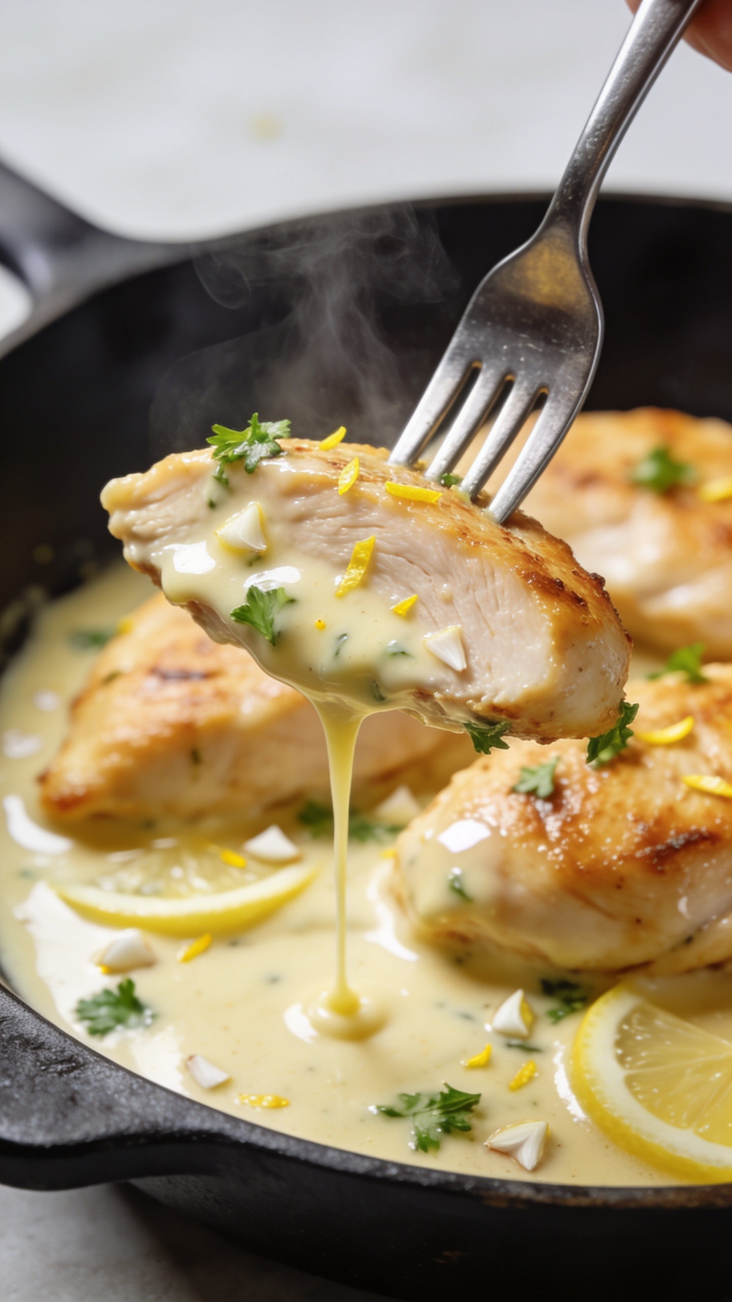 Dynamic action close-up capturing the most irresistible bite: a fork lifting a perfect slice of golden seared chicken breast dripping with glossy creamy lemon-garlic sauce, a thin ribbon of sauce slowly trailing back to the skillet; tiny lemon zest specks and minced garlic visible on the sauce, fresh parsley bits clinging; faint steam rising. Background shows the rest of the chicken nestled in the skillet, sauce pooled and gleaming with a few thin lemon slices peeking through. Bright natural light, shallow depth of field, 90–95% food in frame, only the fork visible (no hands), premium magazine feel.